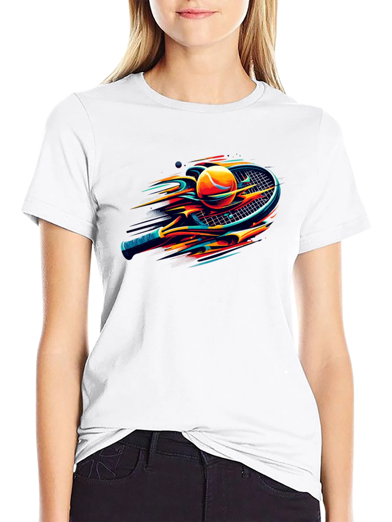 Black Tennis Racket & Ball Graphic Tee - Sporty Stylish Design view 9