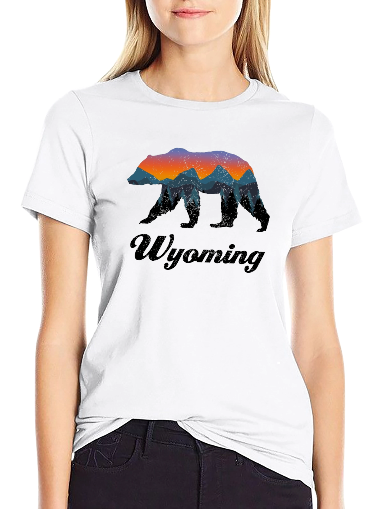 Black Wyoming Bear Silhouette Men's Black Graphic T-Shirt view 9