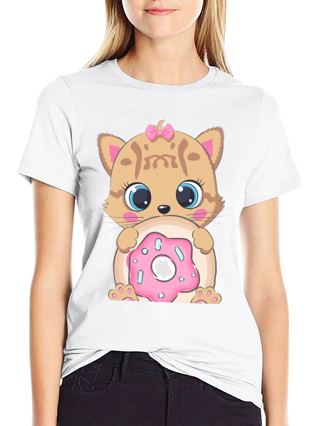 Black Cute Cat & Donut Graphic T-Shirt view 9