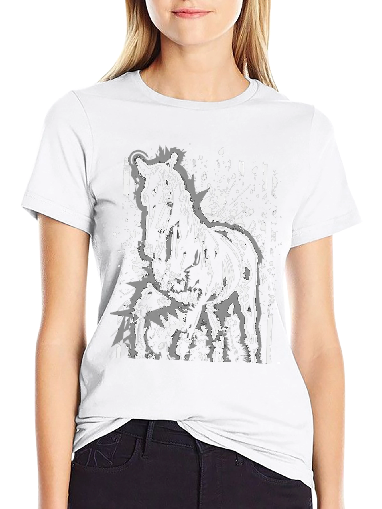 Black Horse Graphic Print Tee - Black Cotton Casual Shirt view 9