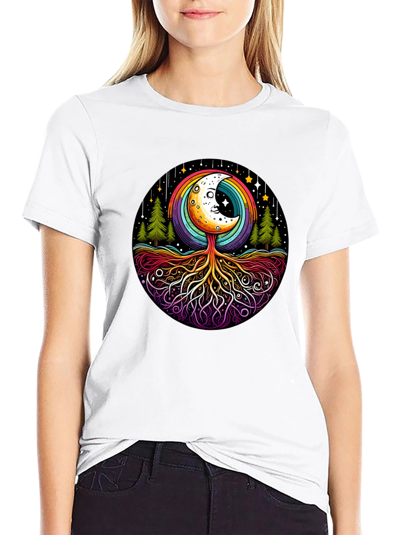 Black Rainbow Moon Tree Graphic Tee - Black Cotton Blend view 9
