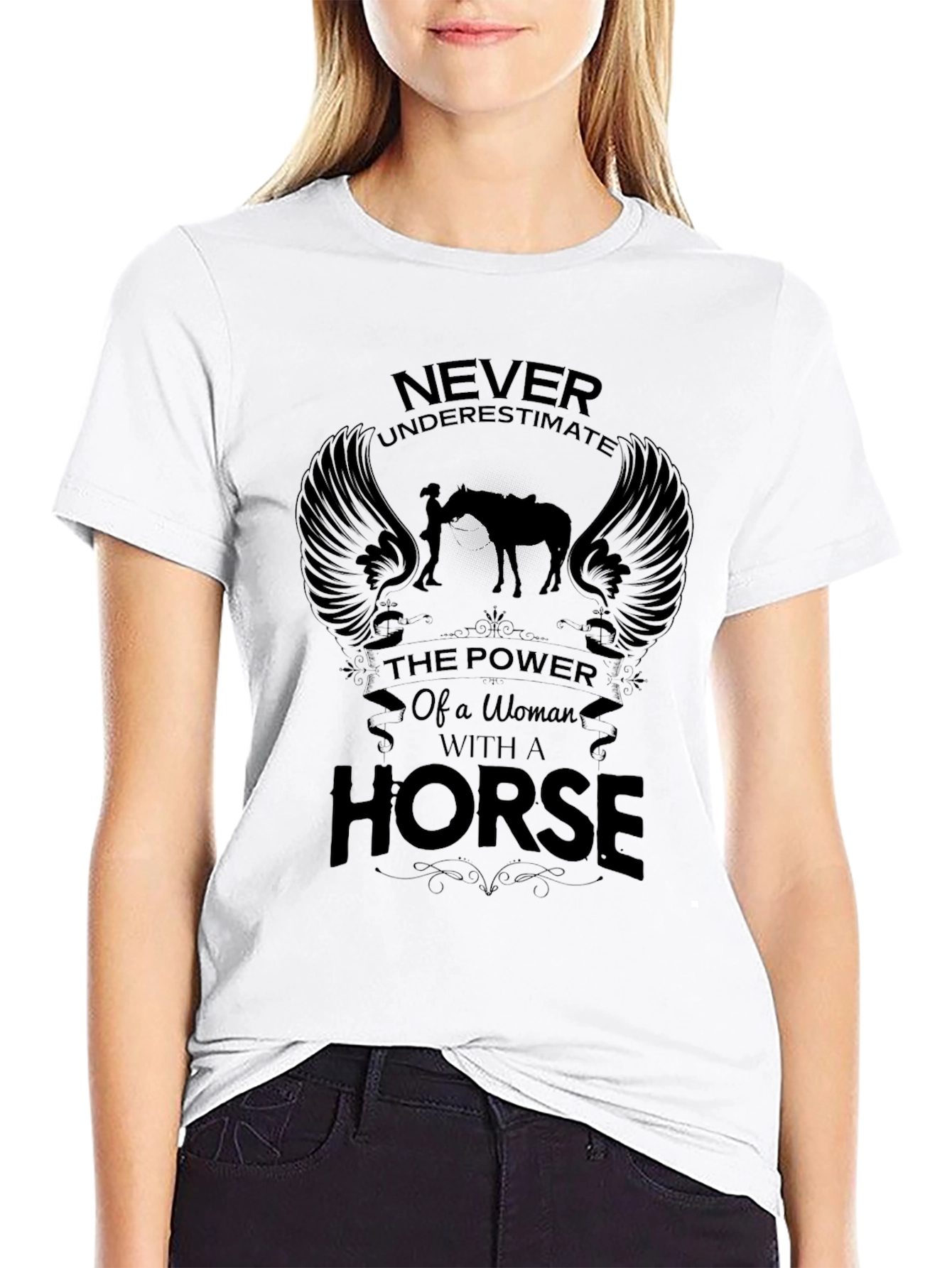 Black Woman & Horse Graphic Print Black T-Shirt view 9