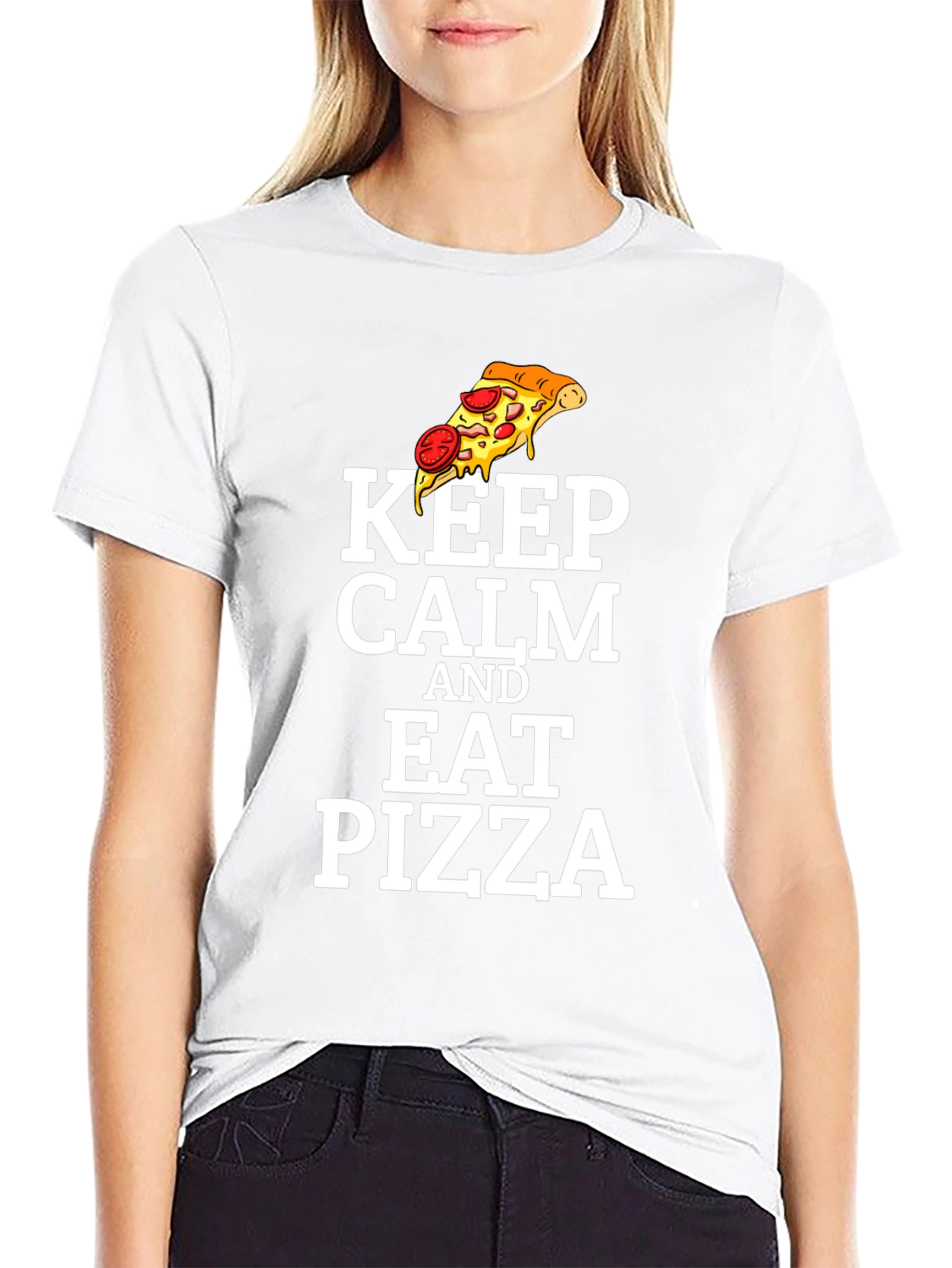 Black Keep Calm and Eat Pizza Graphic T-Shirt view 9