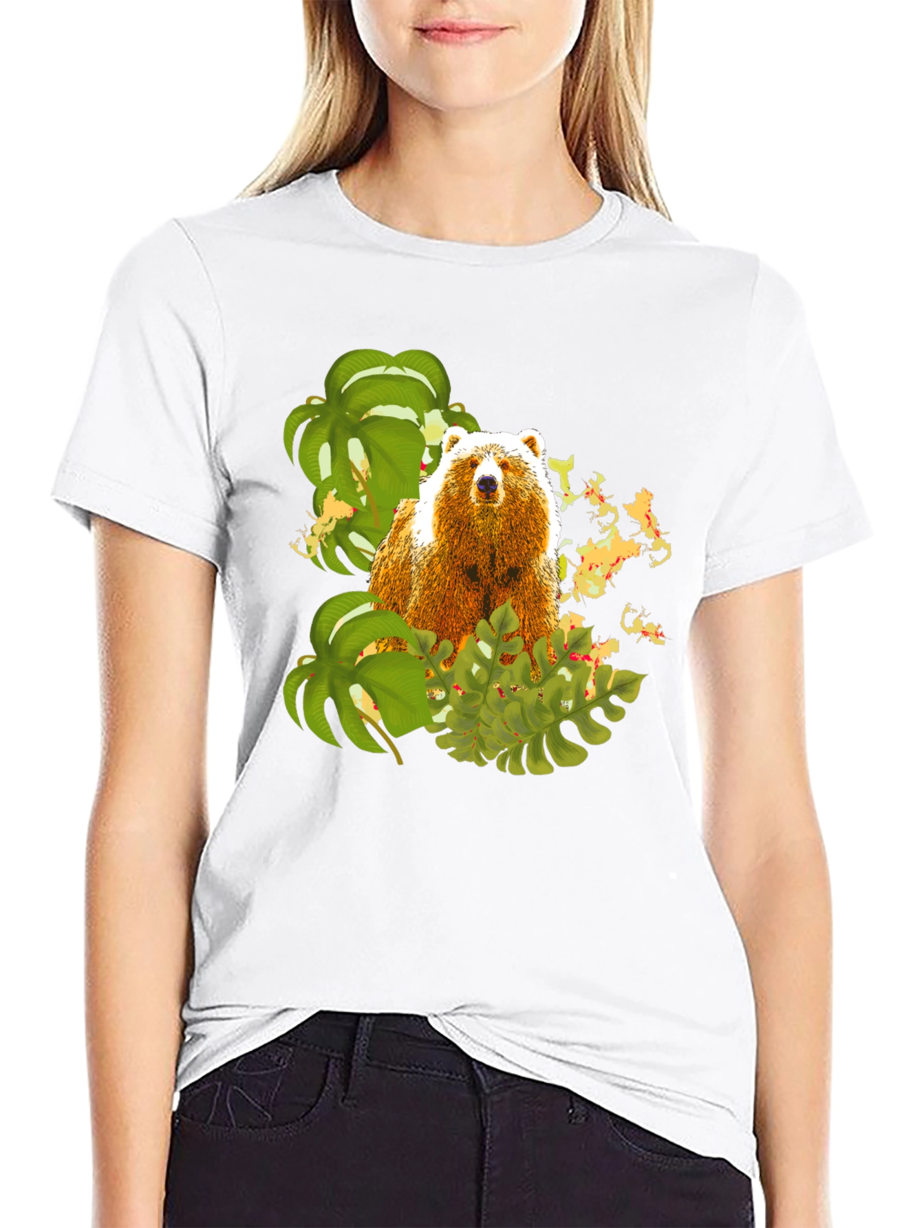 Black Bear and Tropical Leaves Graphic Tee view 9