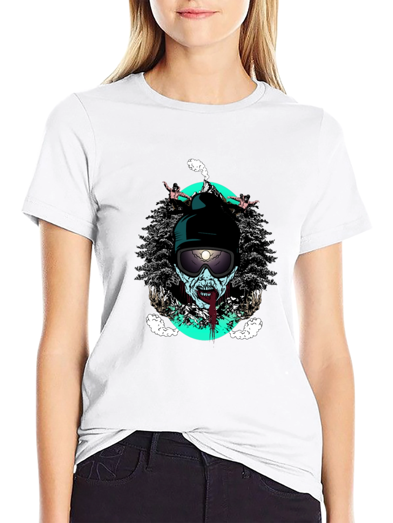 Black Zombie Skier Graphic Tee - Black Cotton T-Shirt view 9
