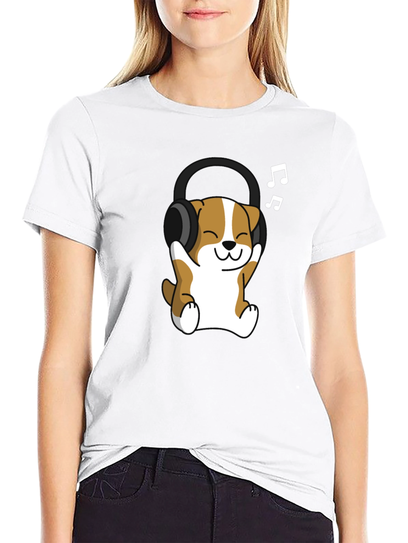 Black Cute Dog with Headphones Black T-Shirt view 9
