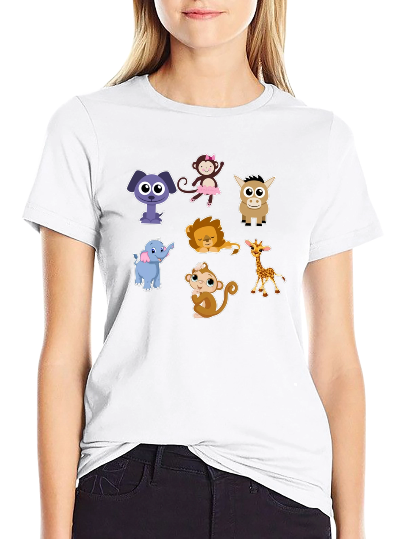 Black Cute Cartoon Animals Graphic Tee view 9
