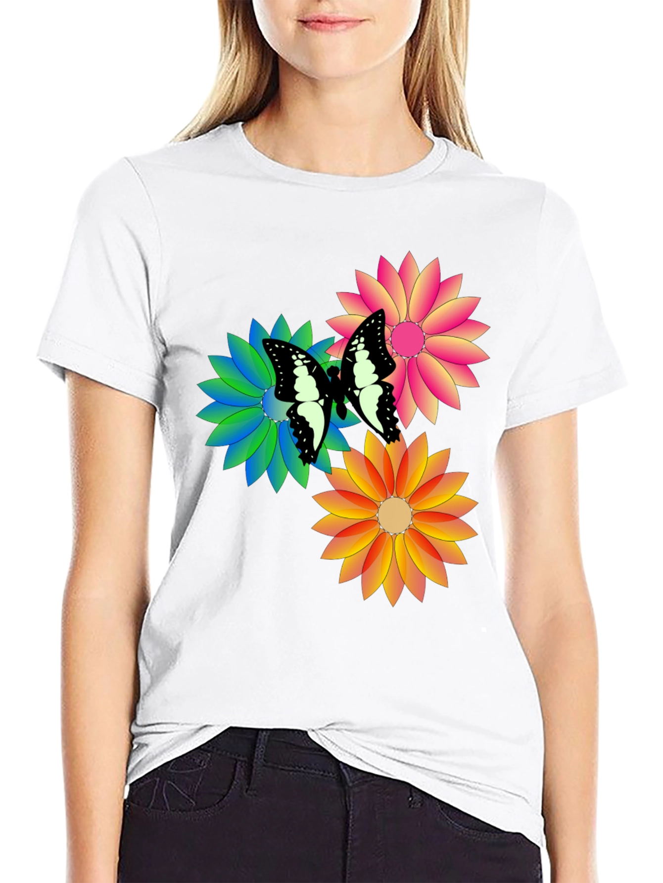 Black Butterfly & Flowers Graphic Print Black T-Shirt view 9