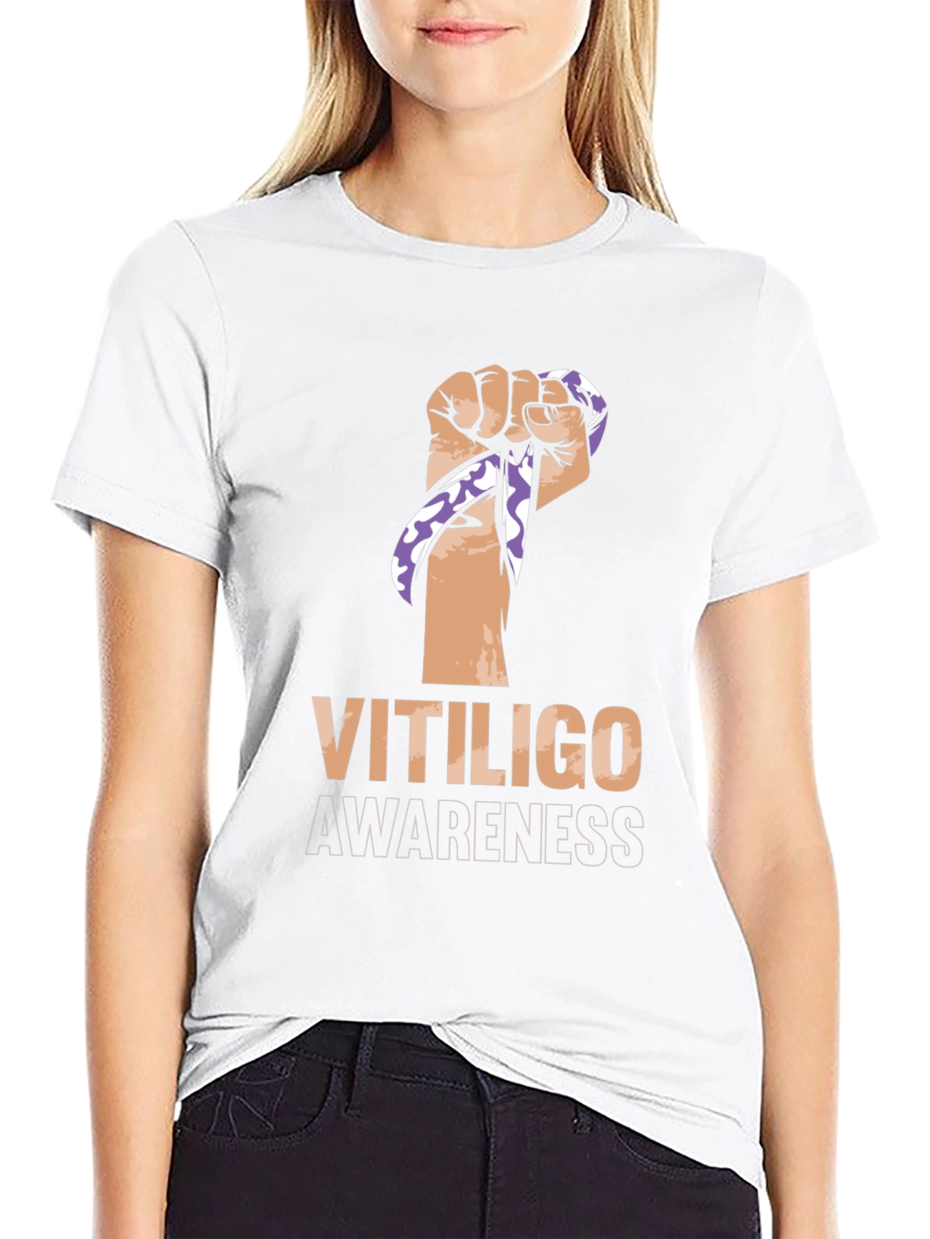 Black Vitiligo Awareness Ribbon Fist Black T-Shirt view 9