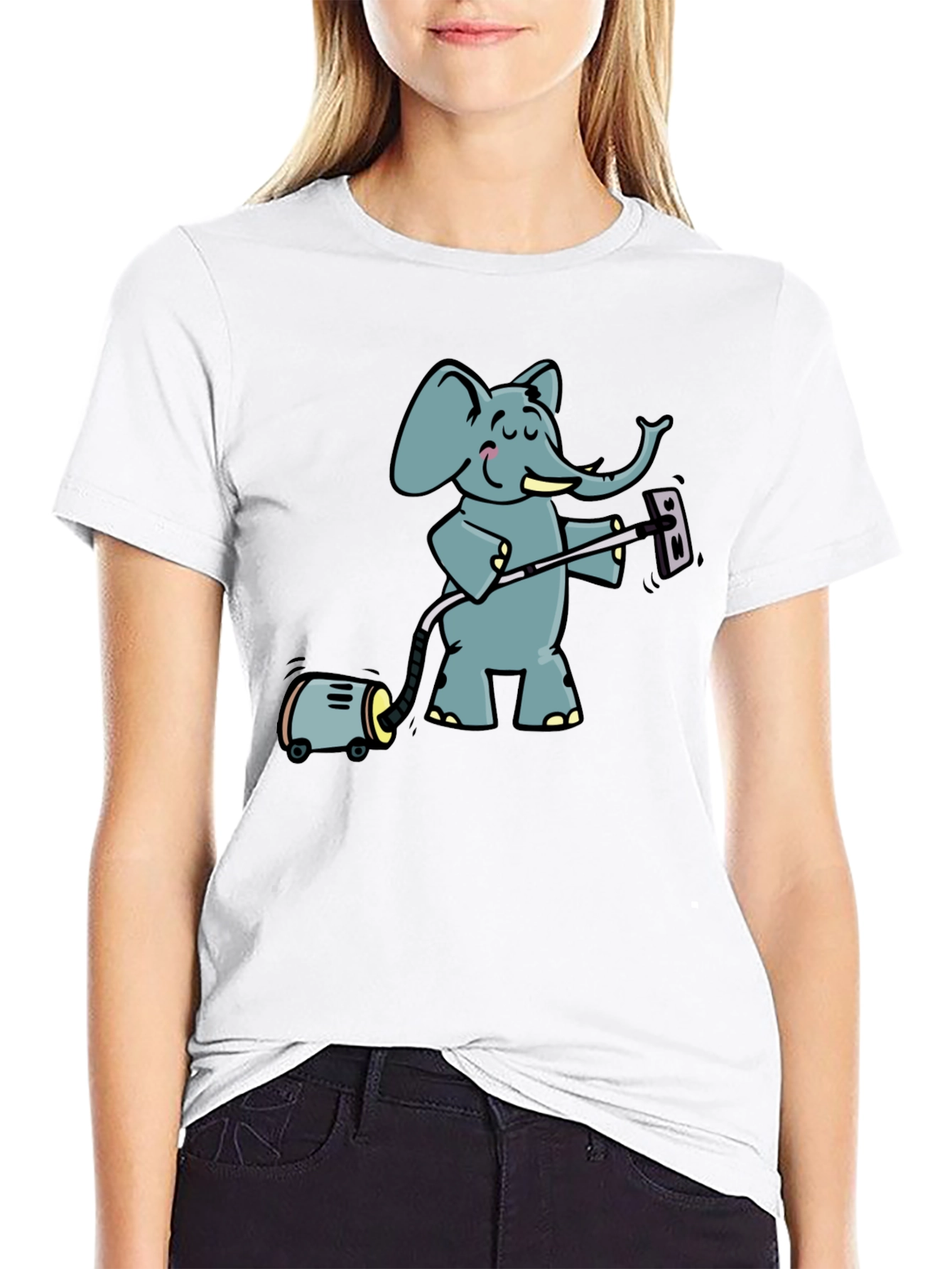 Black Elephant Vacuuming T-Shirt - Cute Cartoon Graphic Tee view 9