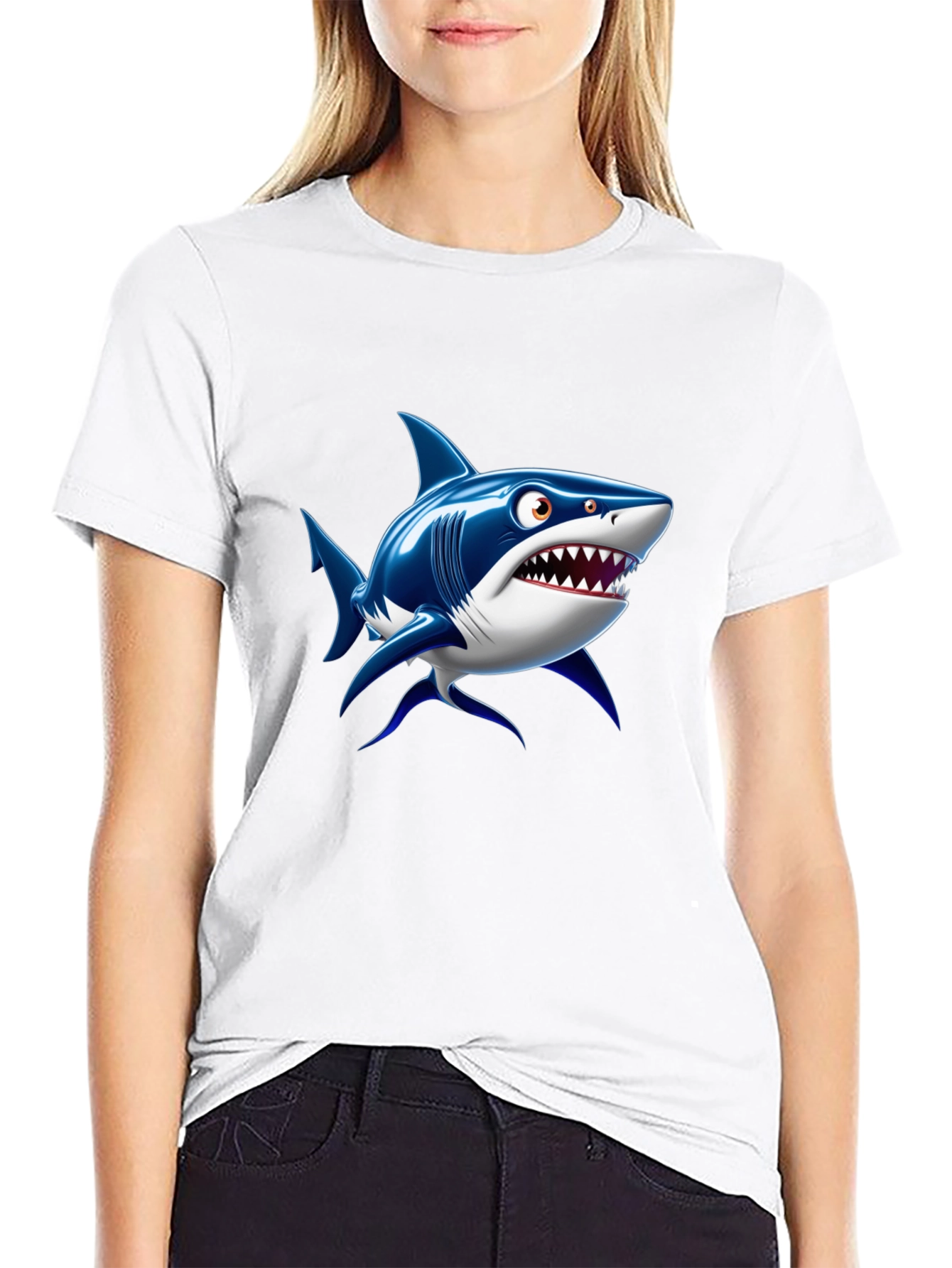 Black Shark Cartoon Graphic Black T-Shirt view 9