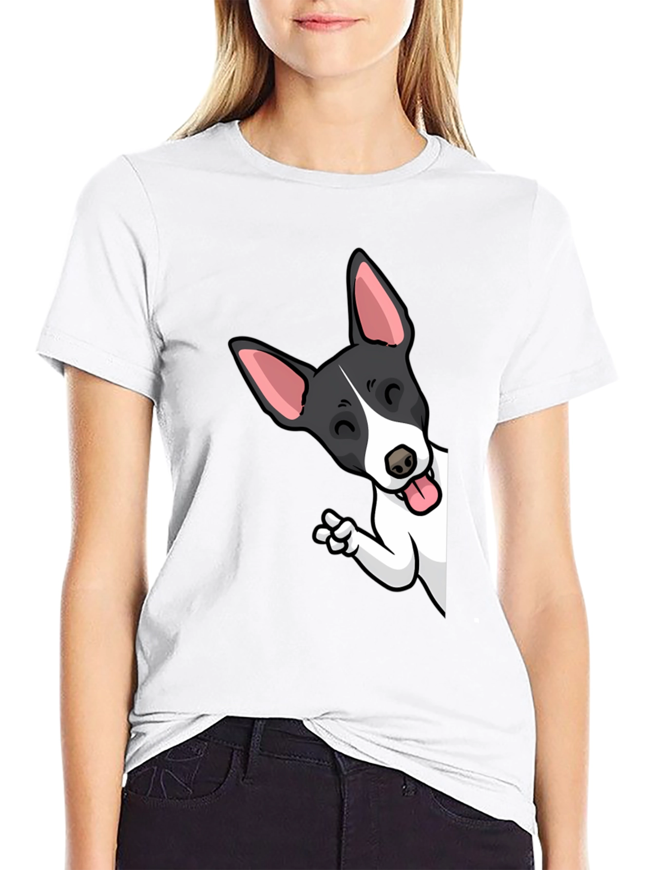 Black Cartoon Dog Peek-a-Boo Graphic Tee - Unisex Black T-Shirt view 9