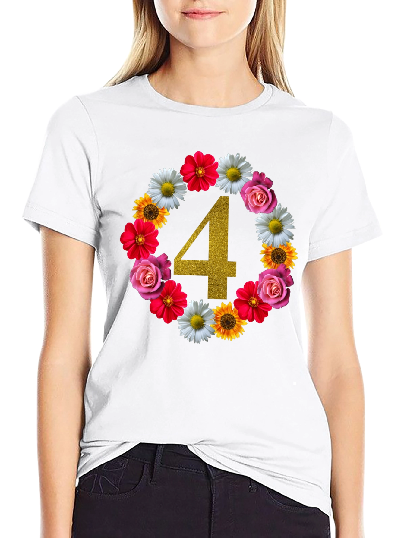 Black Floral Number 4 Birthday T-Shirt view 9