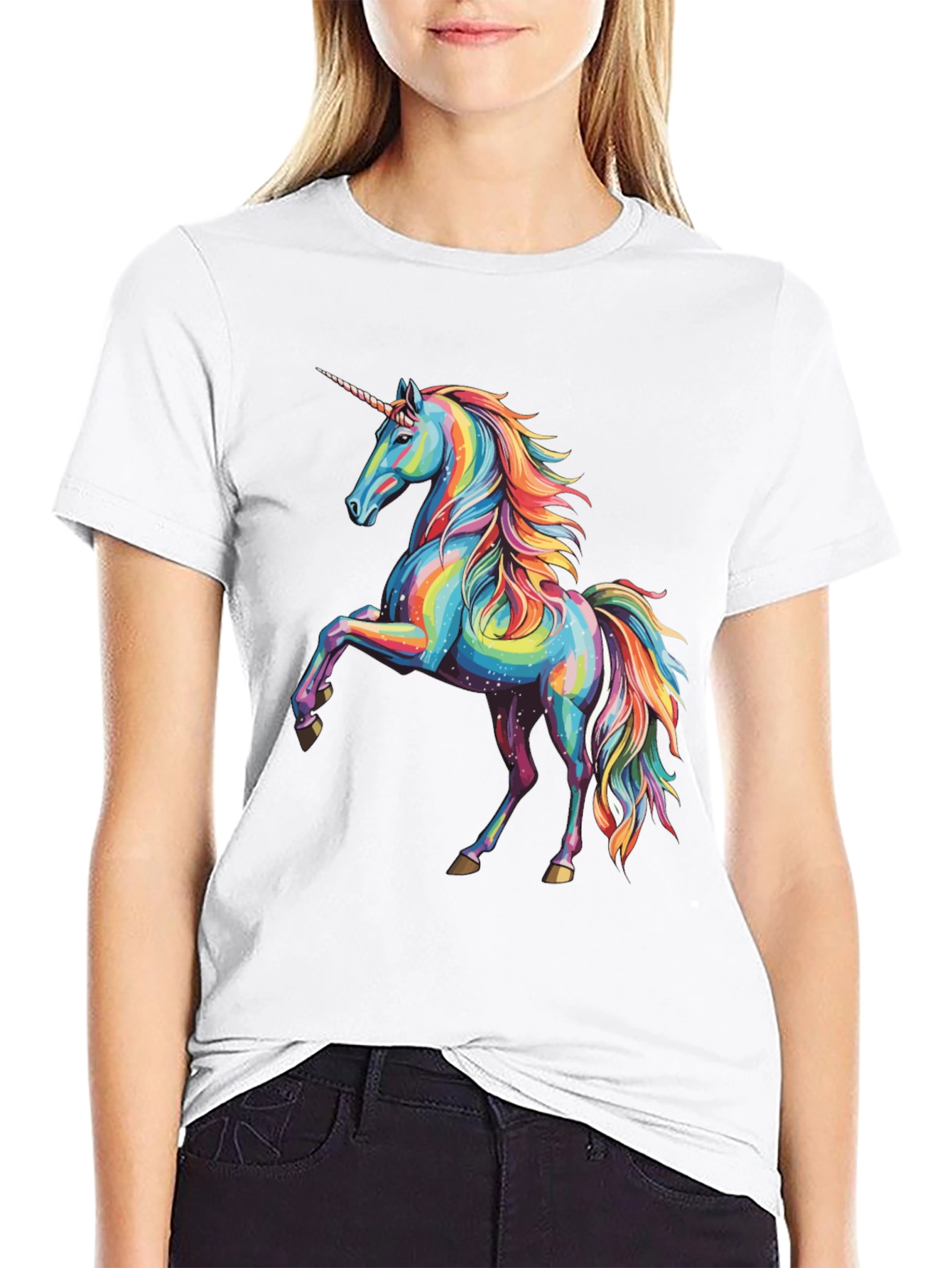 Black Rainbow Unicorn Graphic Print Crew Neck T-Shirt view 9