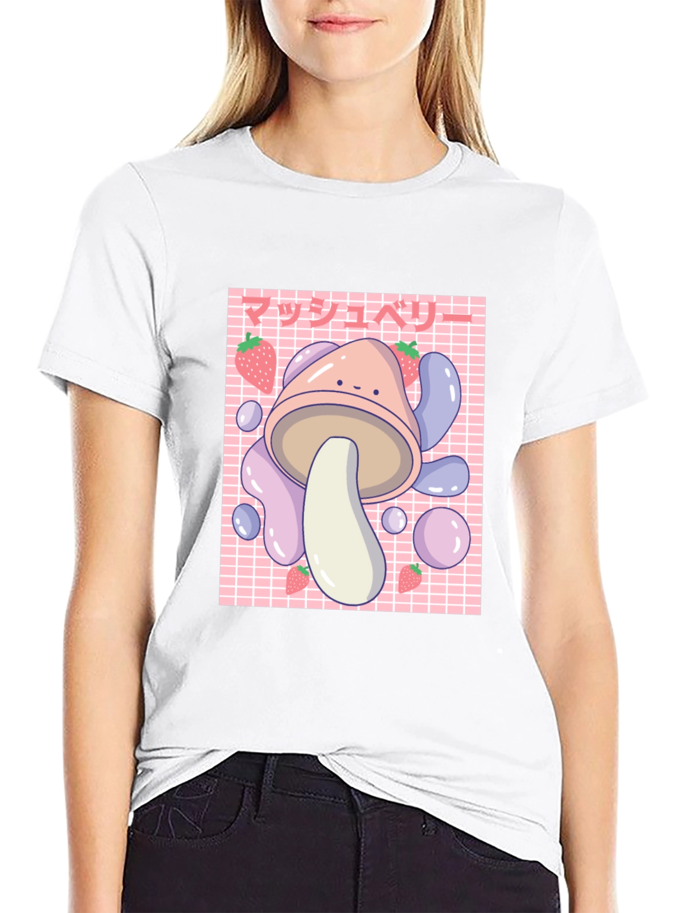 Black Cute Mushroom & Strawberry Graphic T-Shirt view 9
