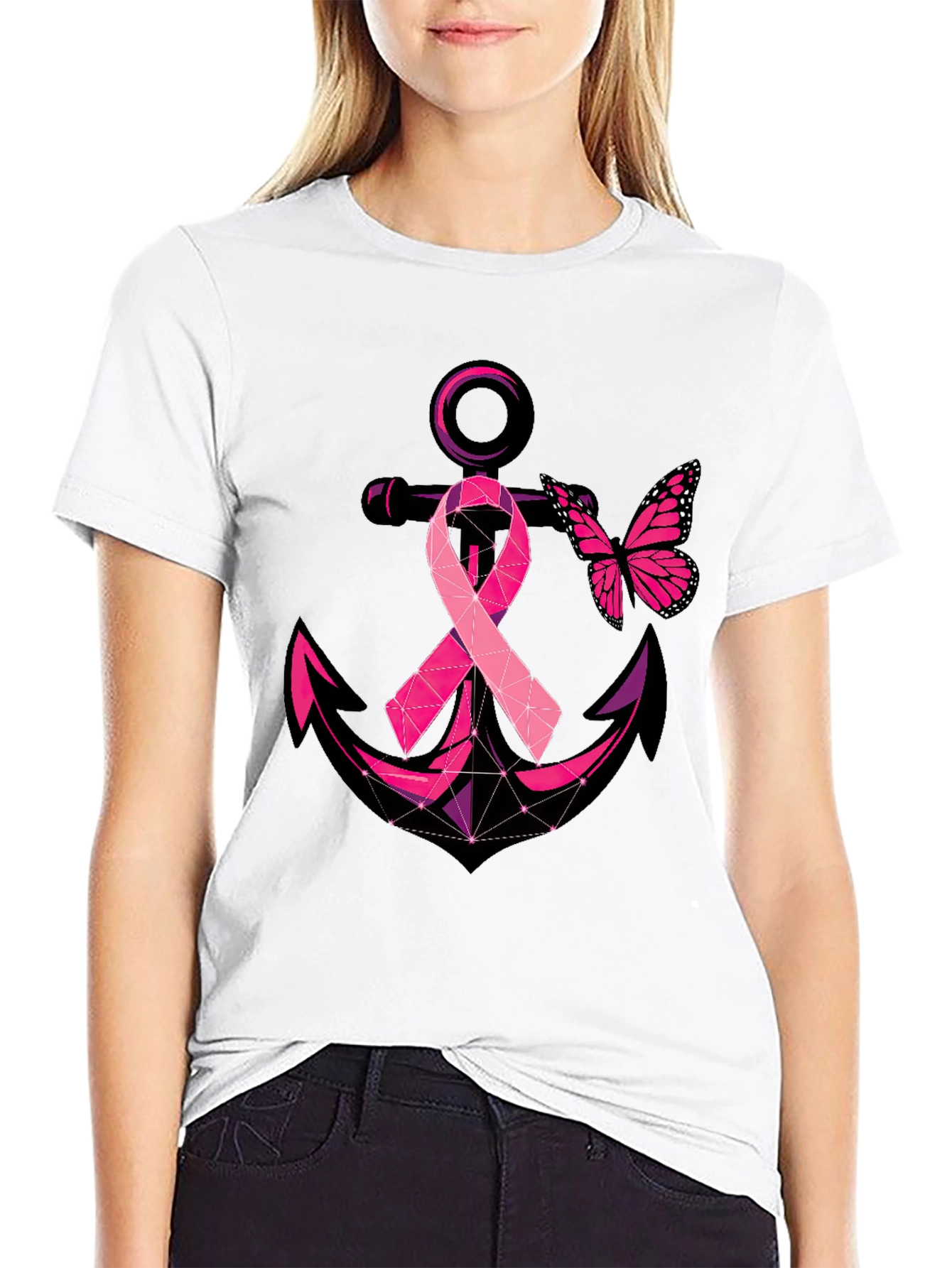 Black Breast Cancer Anchor Butterfly T-Shirt view 9
