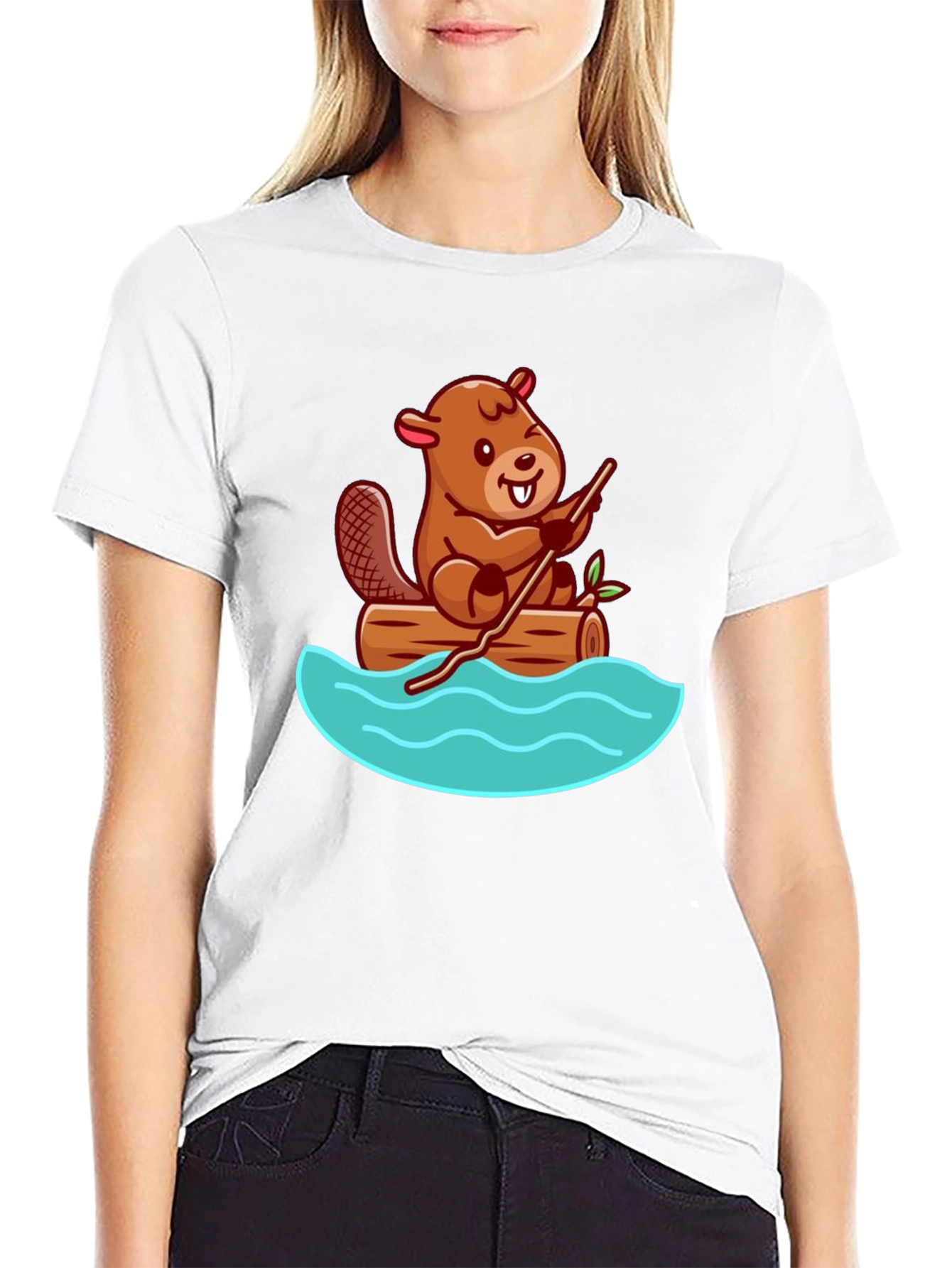 Black Beaver on Log Cartoon T-Shirt - Unisex Crew Neck view 9