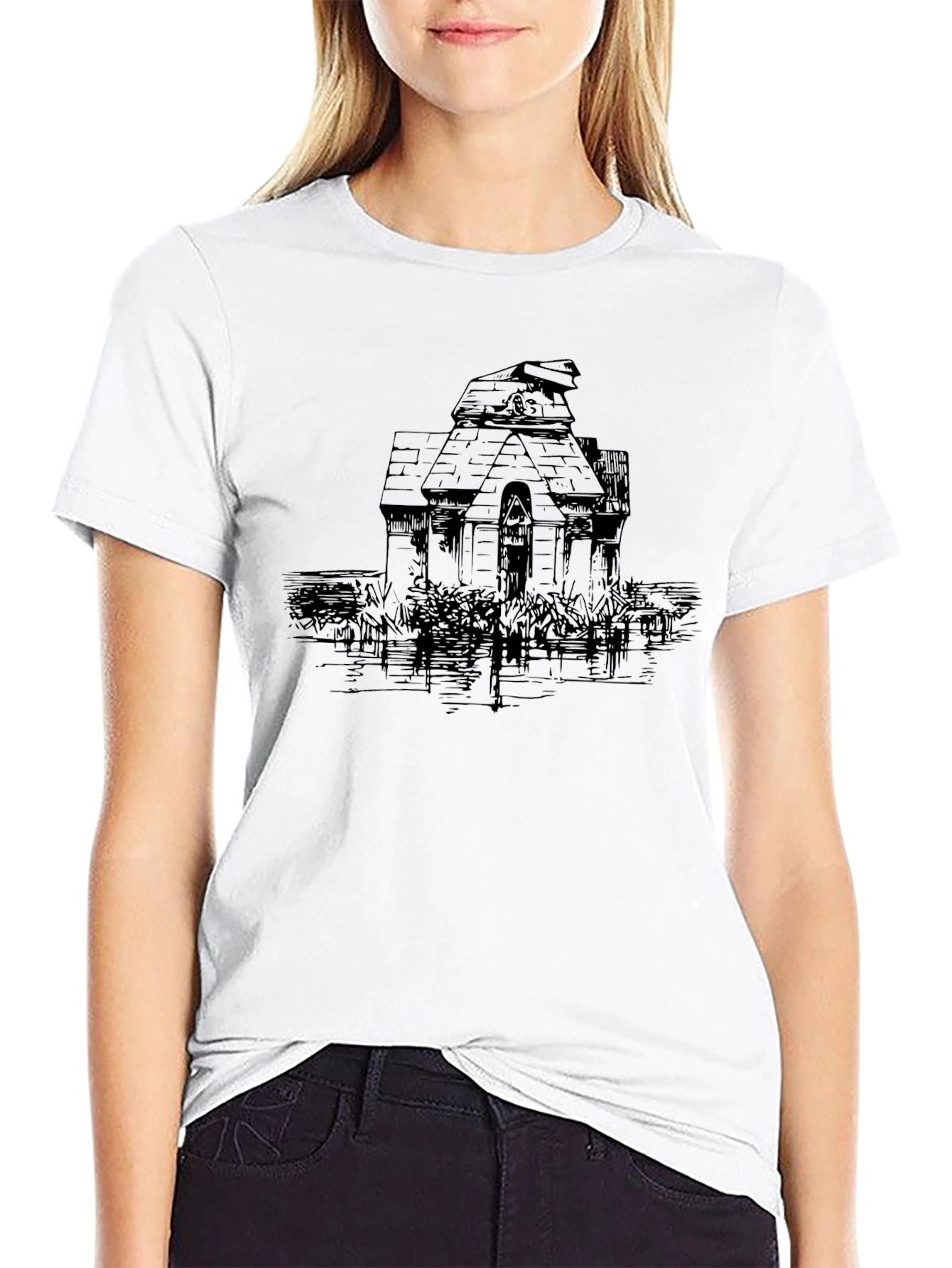 Black Men's Black Tee with Haunted House Graphic view 9