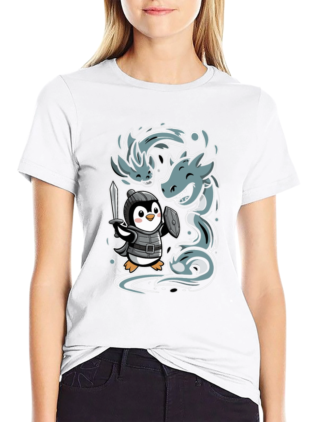 Black Penguin Knight vs Sea Serpent Graphic Tee view 9