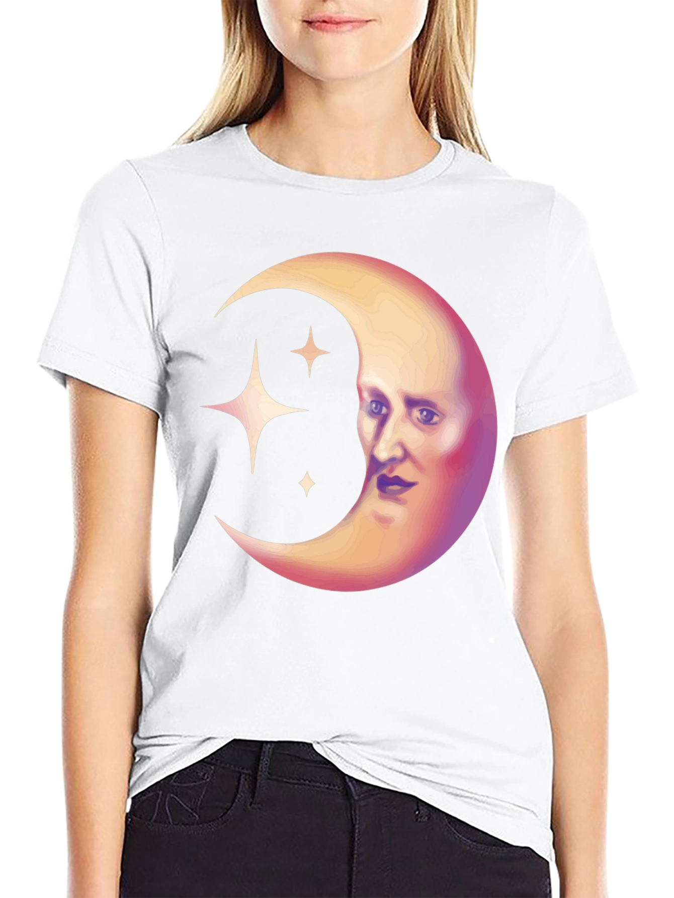 Black Celestial Moon Face Graphic Tee - Unique Design view 9
