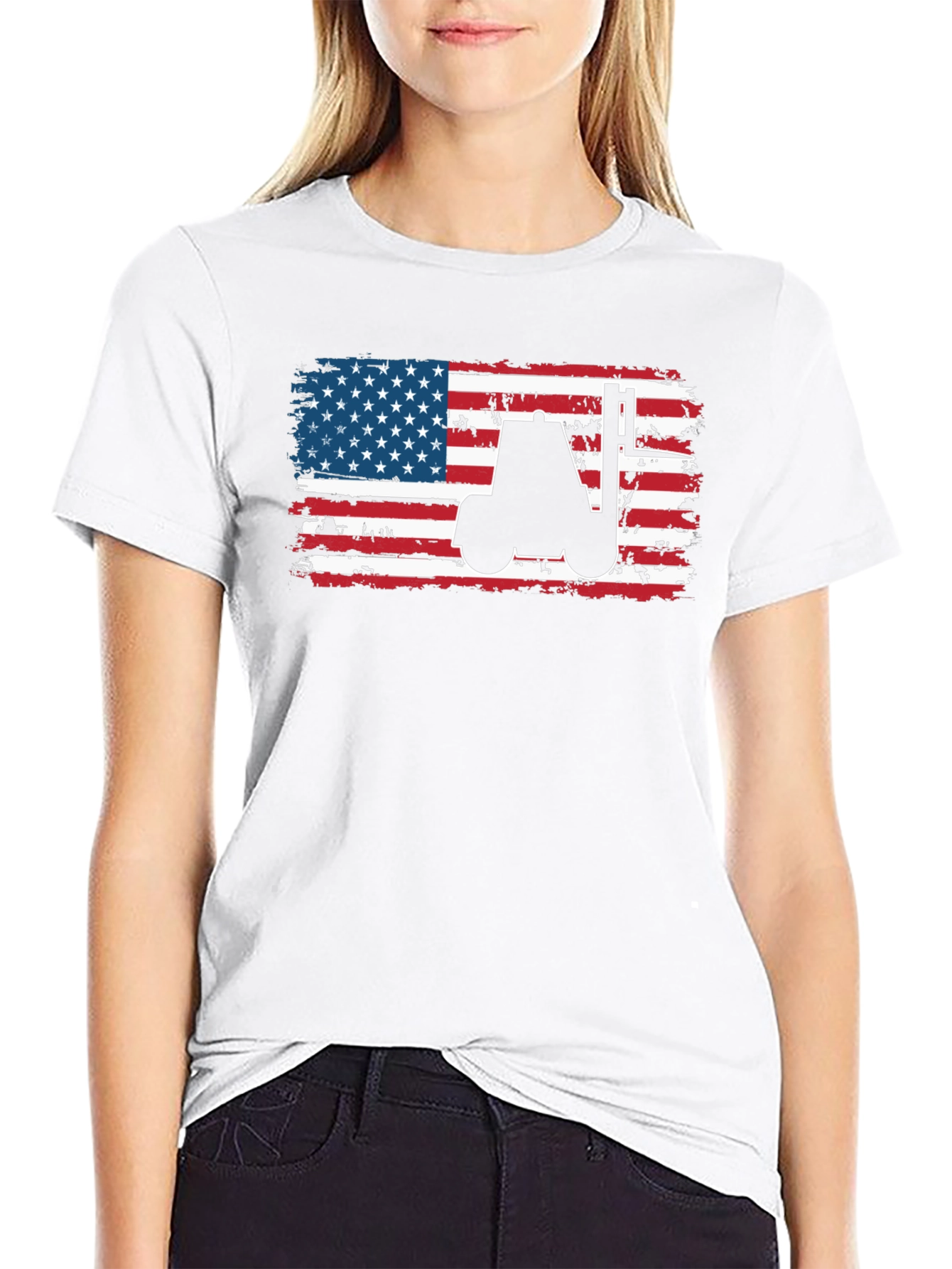 Black American Flag Forklift T-Shirt view 9