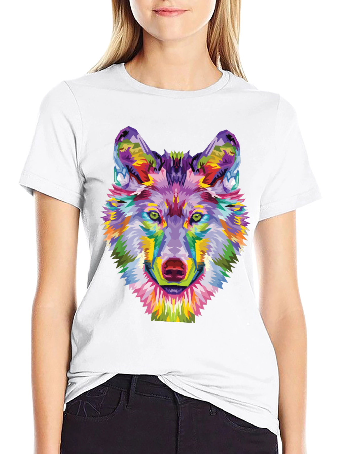 Black Colorful Wolf Graphic Tee - Unique Art Shirt view 9