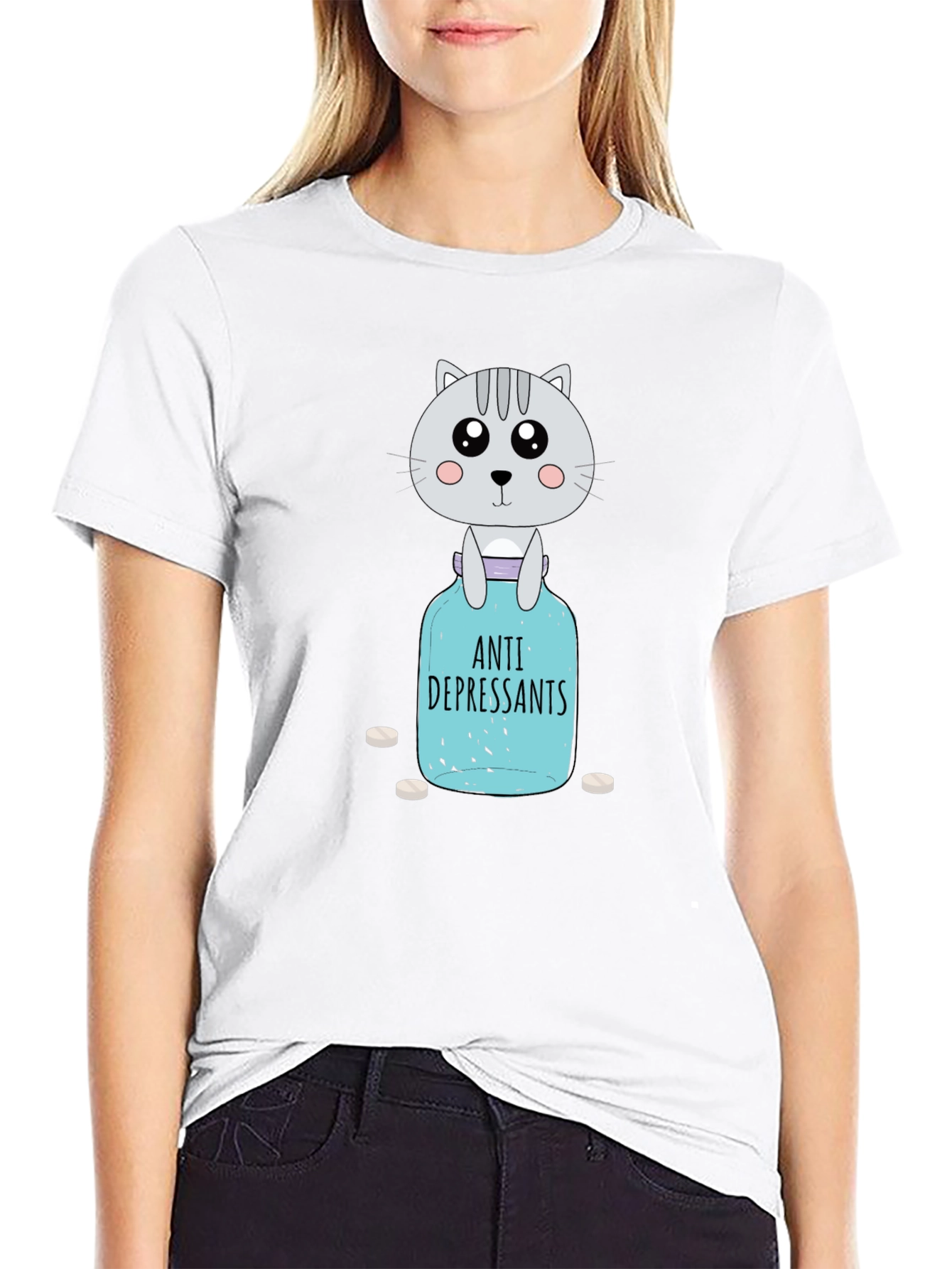 Black Anti-Depressant Cat T-Shirt - Pill Bottle Humor view 9