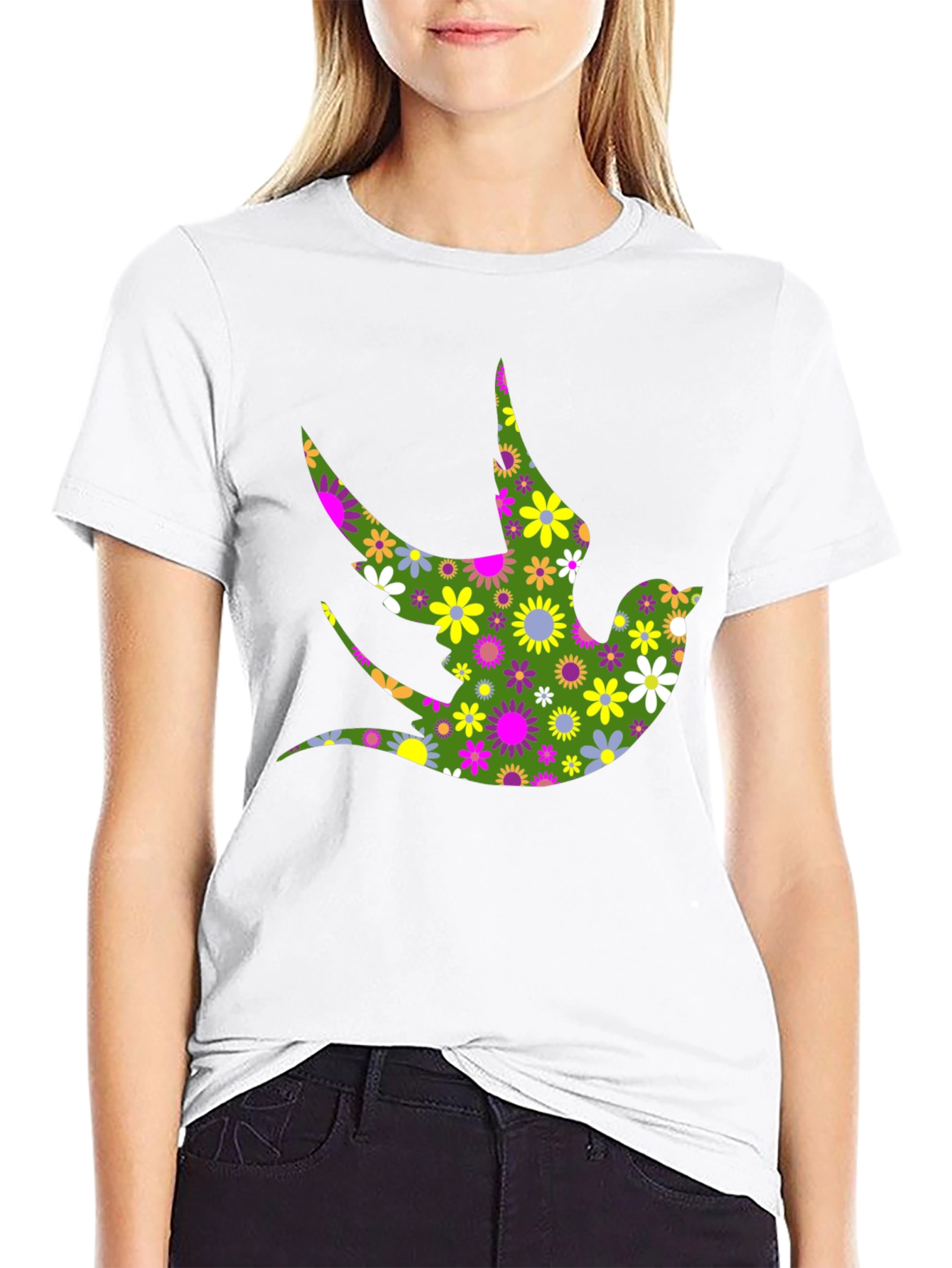Black Floral Bird Print Black T-Shirt view 9
