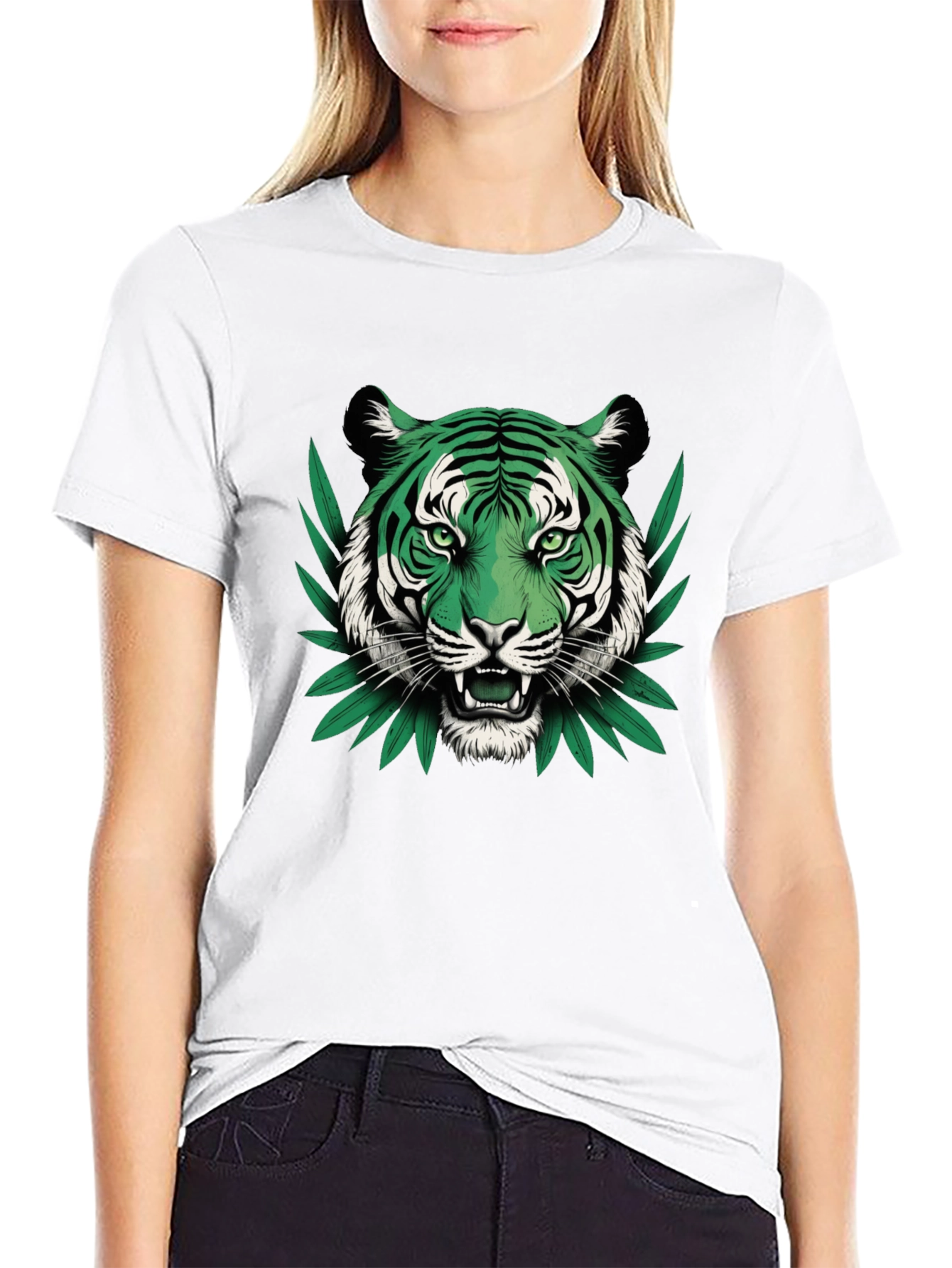 Black Green Tiger Graphic Black T-Shirt view 9