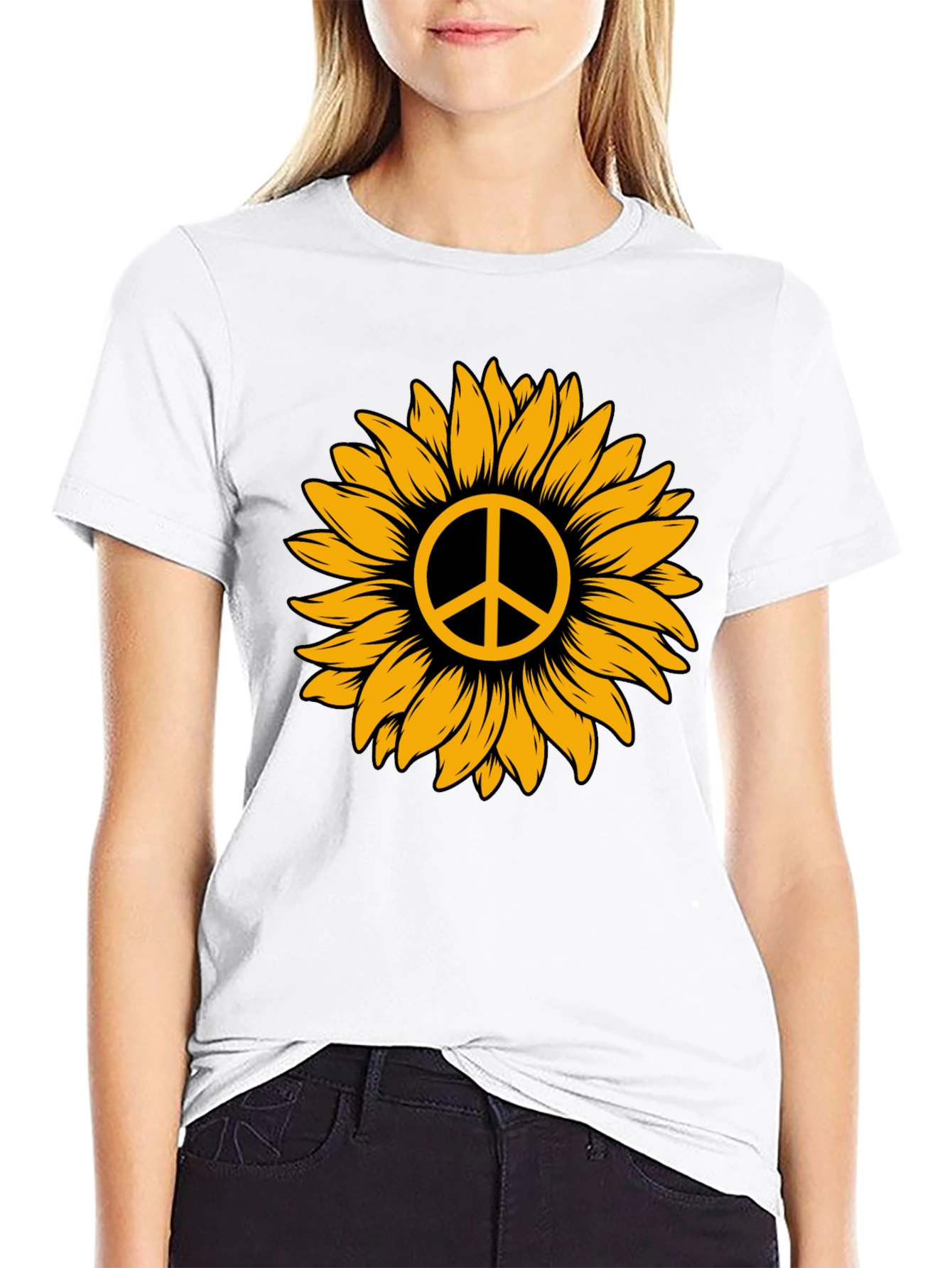 Black Sunflower Peace Sign Graphic Tee - Stylish Comfort view 9