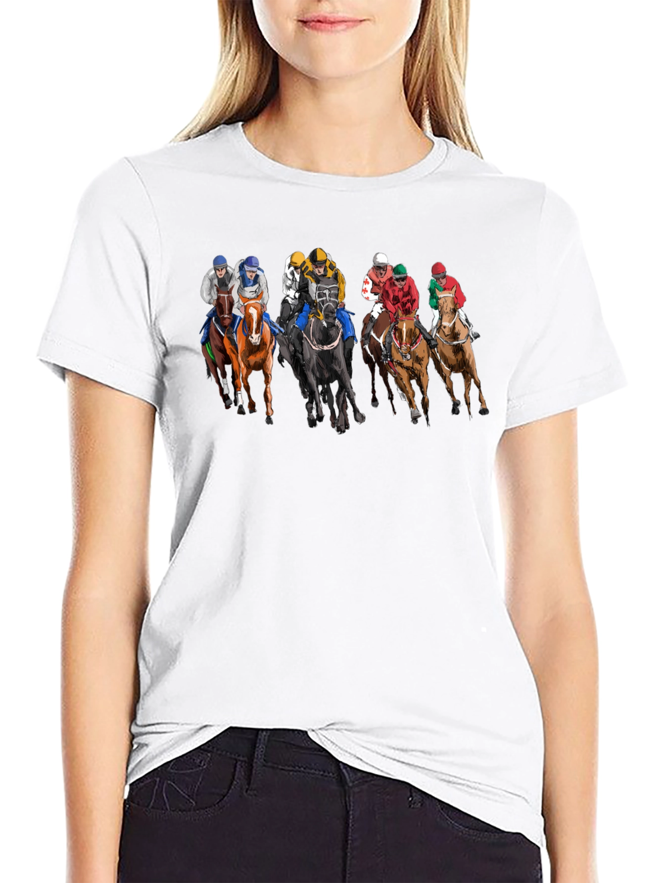 Black Horse Racing Tee - Black Cotton Graphic Print T-Shirt view 9