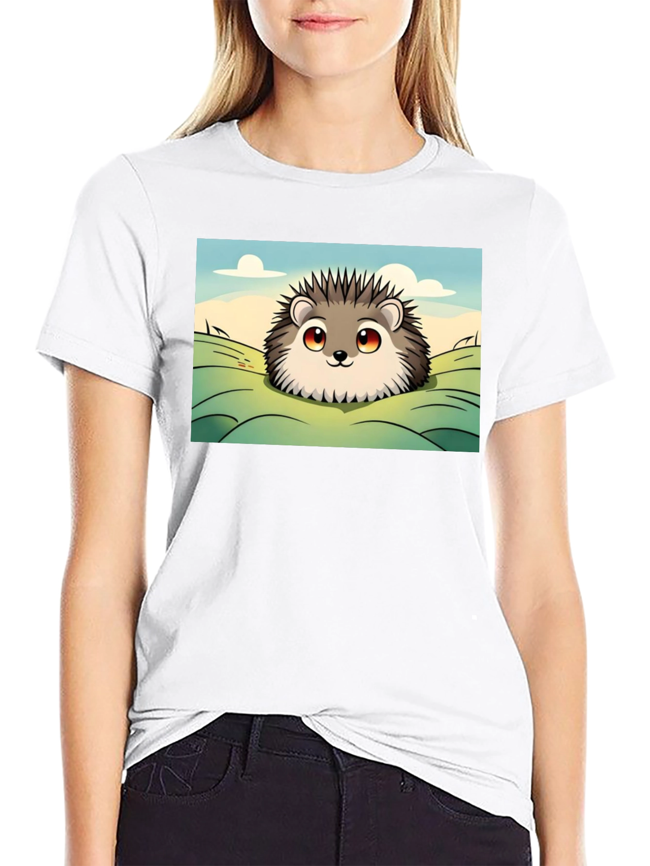 Black Cute Hedgehog Graphic Tee - Black Cotton T-Shirt view 9