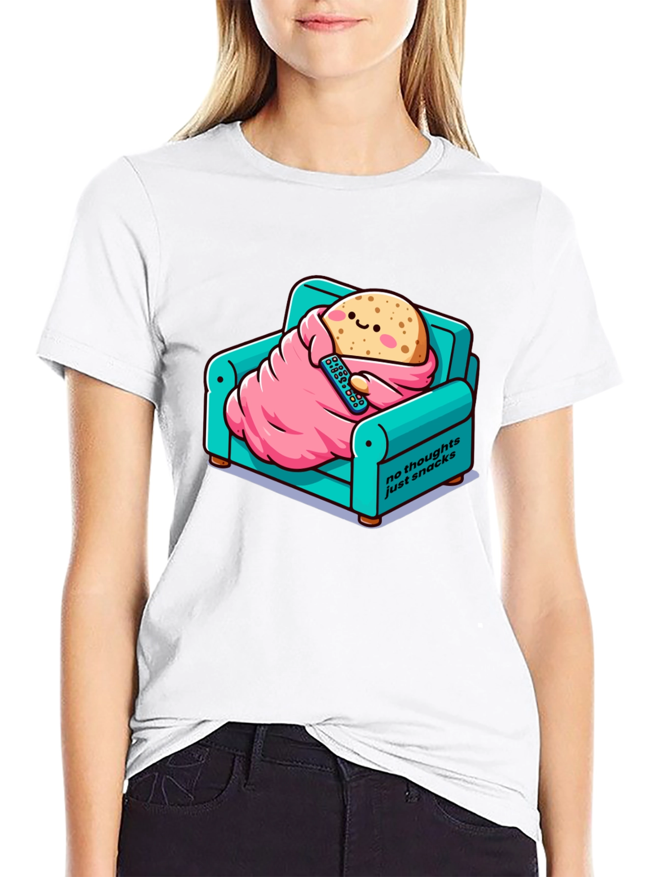 Black Snack Time T-Shirt: Cartoon Potato on Couch view 9