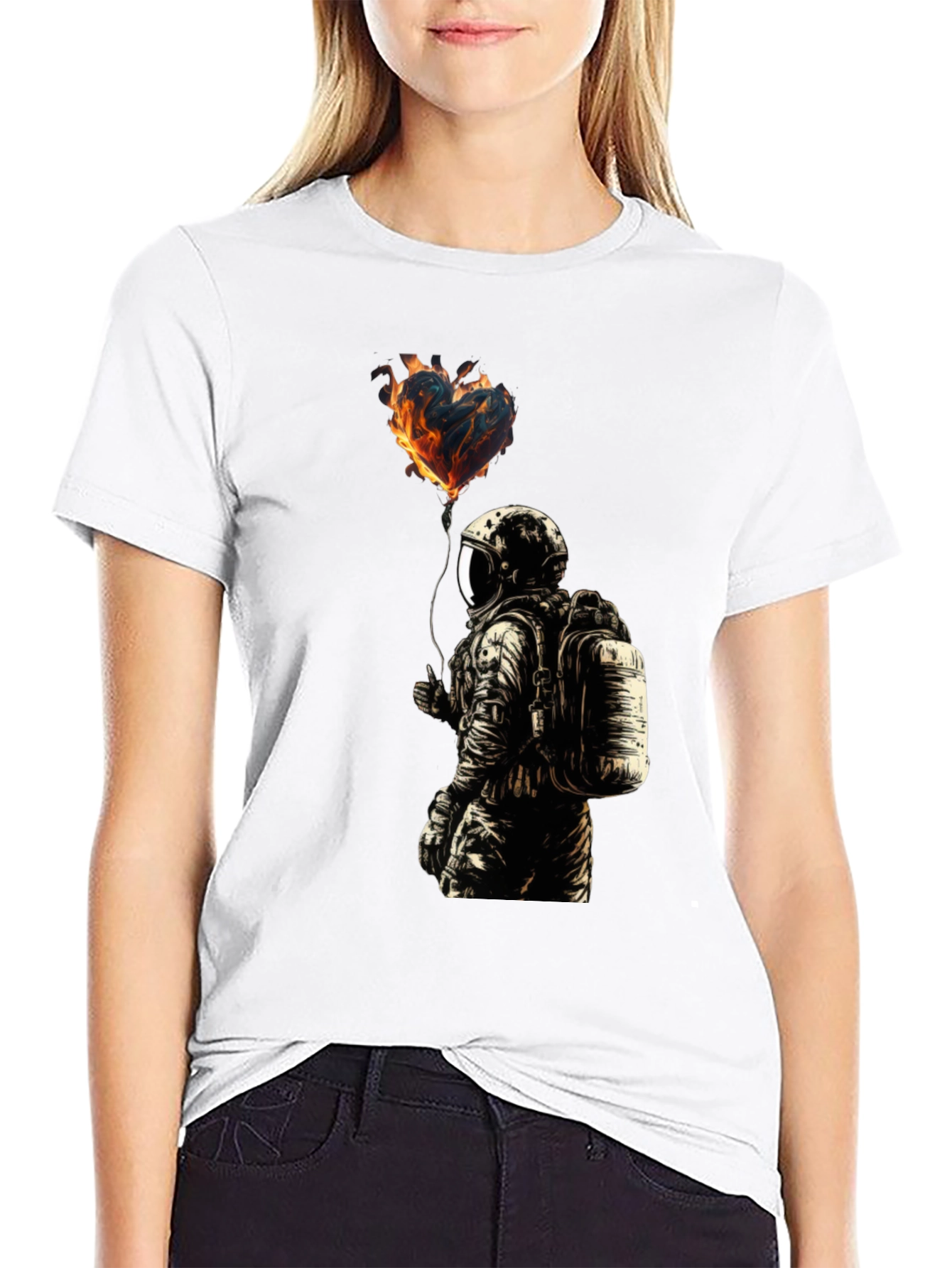 Black Flaming Heart Astronaut Graphic Tee - Black view 9