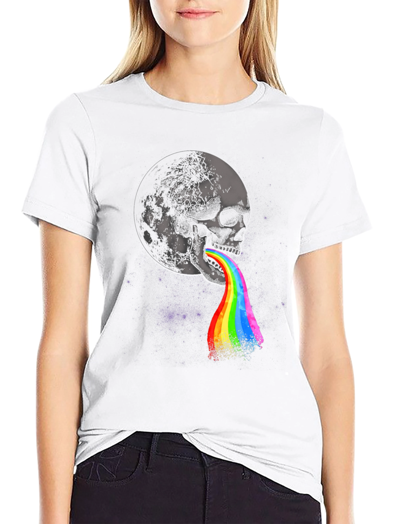 Black Skull & Moon Graphic Print Tee - Colorful Rainbow Vomit Design view 9