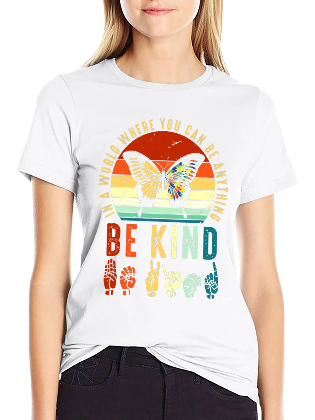 Black Be Kind Sign Language Butterfly Graphic Tee view 9