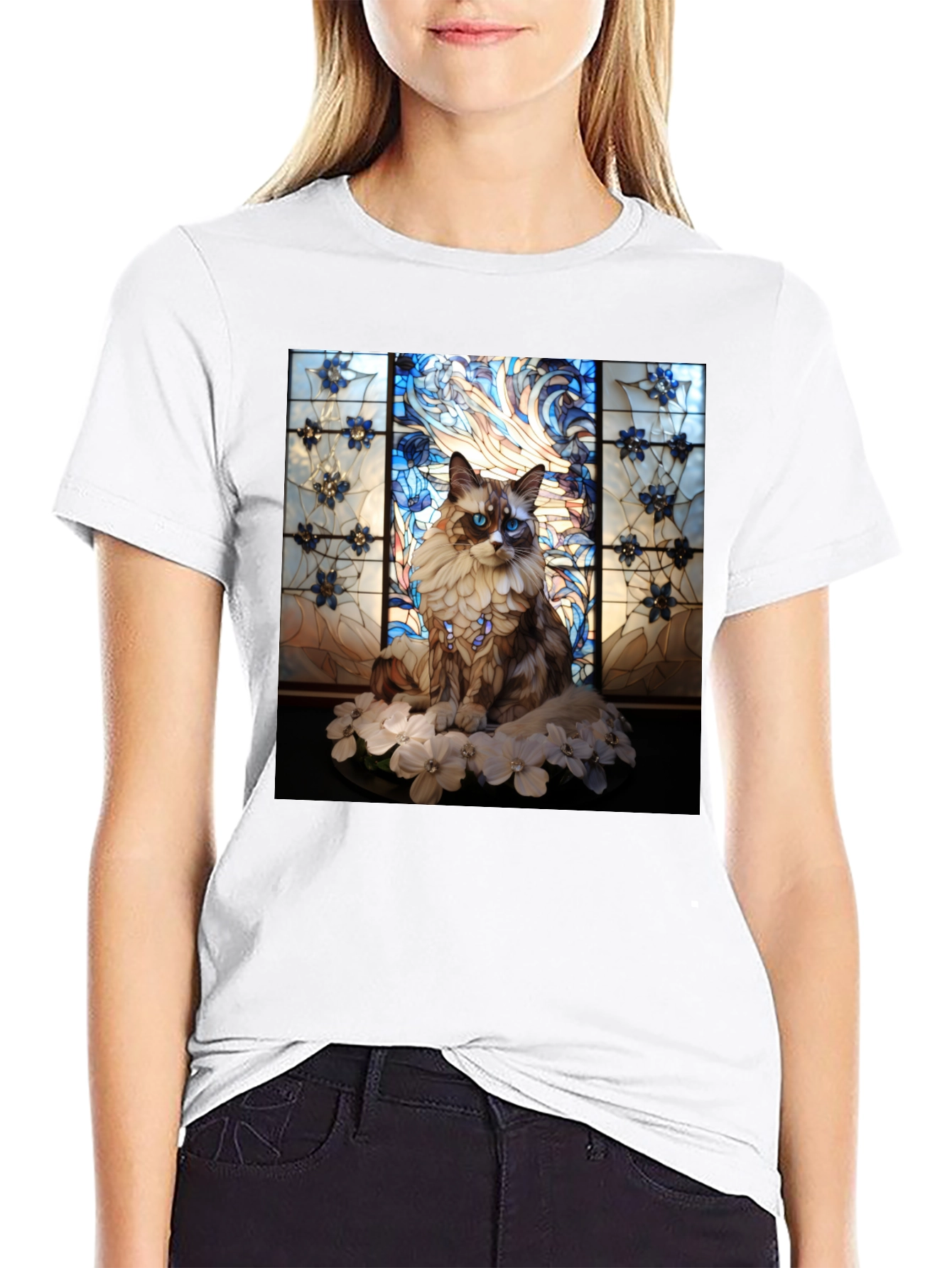 Black Stained Glass Cat Portrait T-Shirt view 9