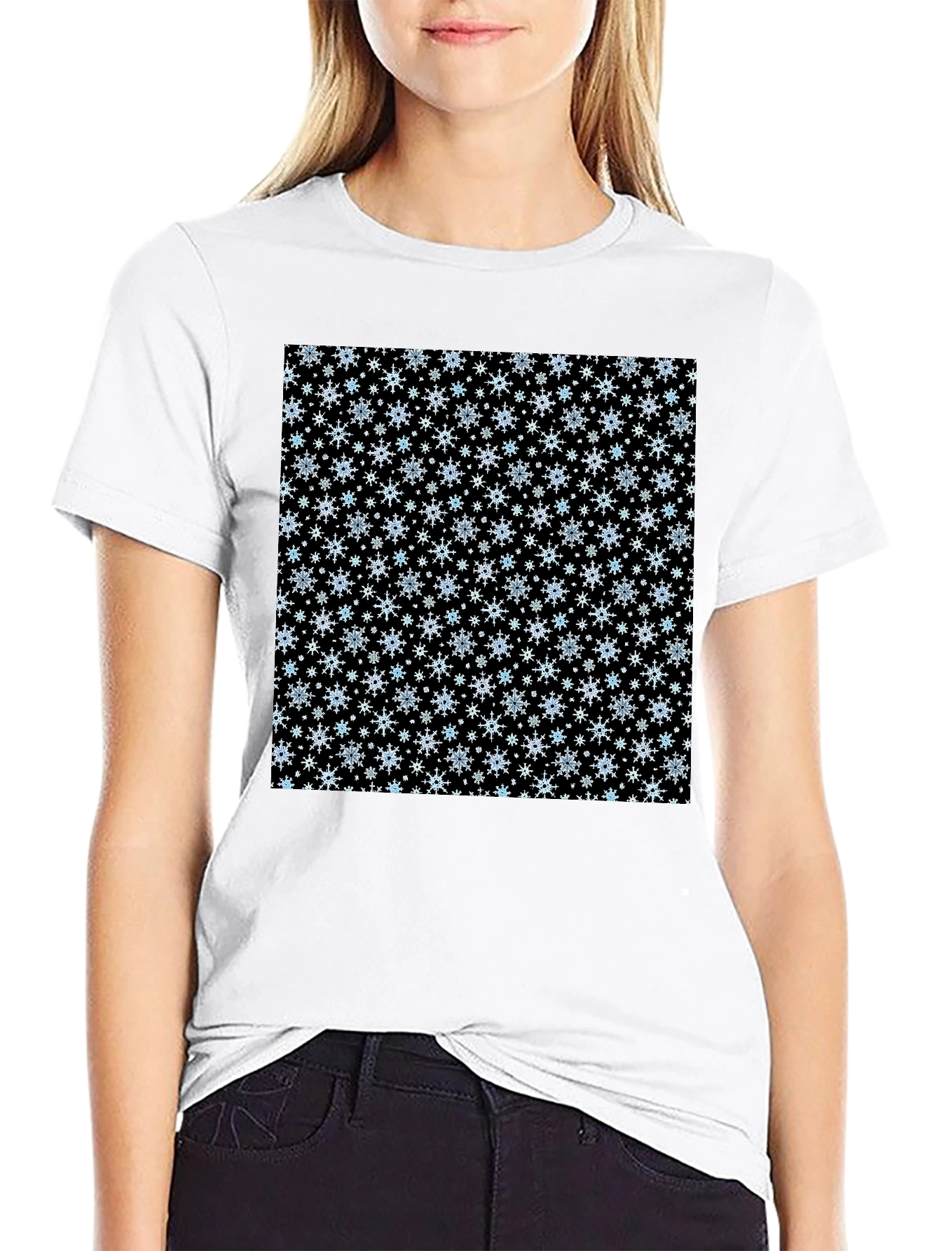 Black Snowflake Pattern Black T-Shirt view 9