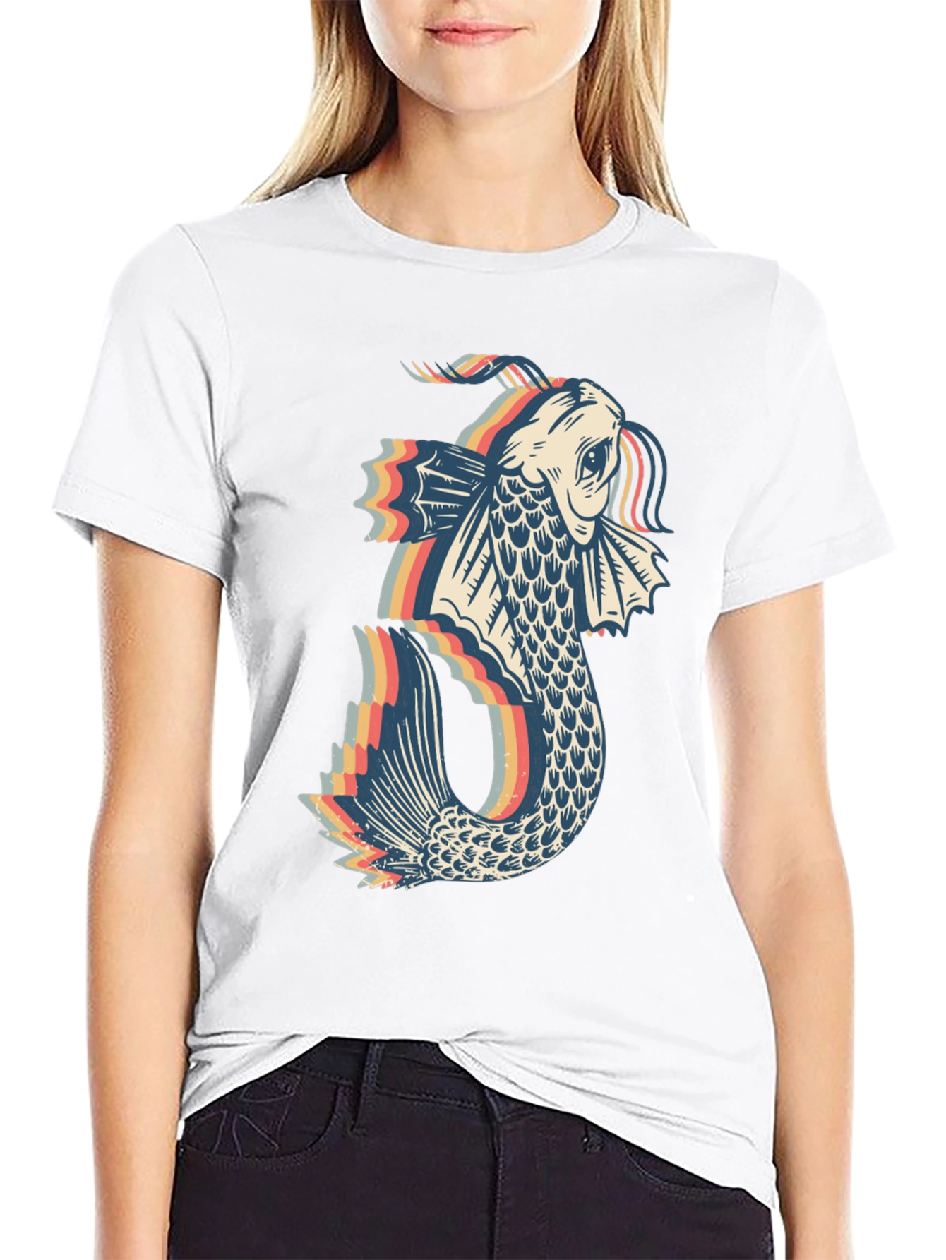 Black Retro Koi Fish Graphic Tee - Black Cotton Blend view 9