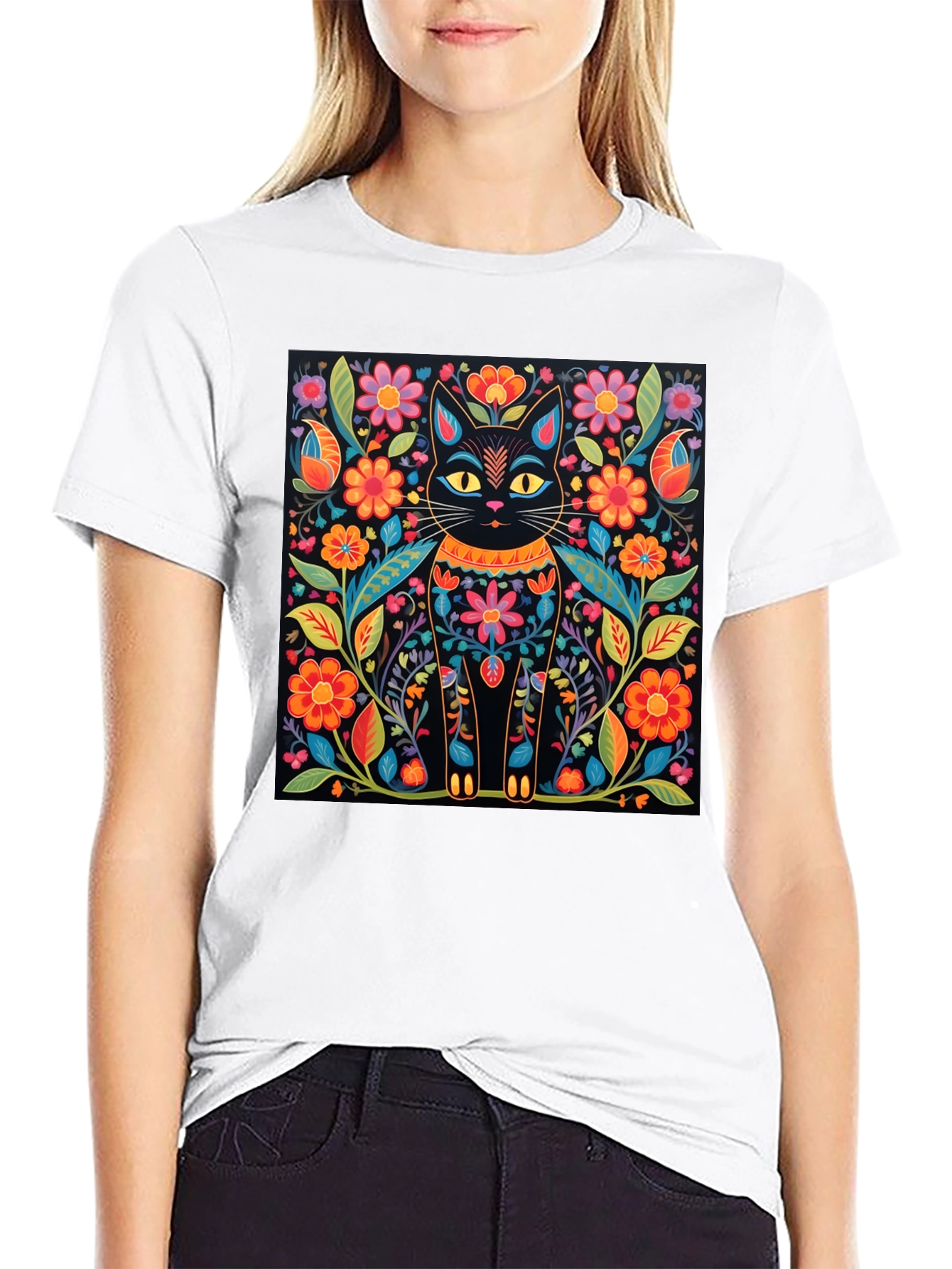 Black Floral Cat Graphic Print Black T-Shirt view 9