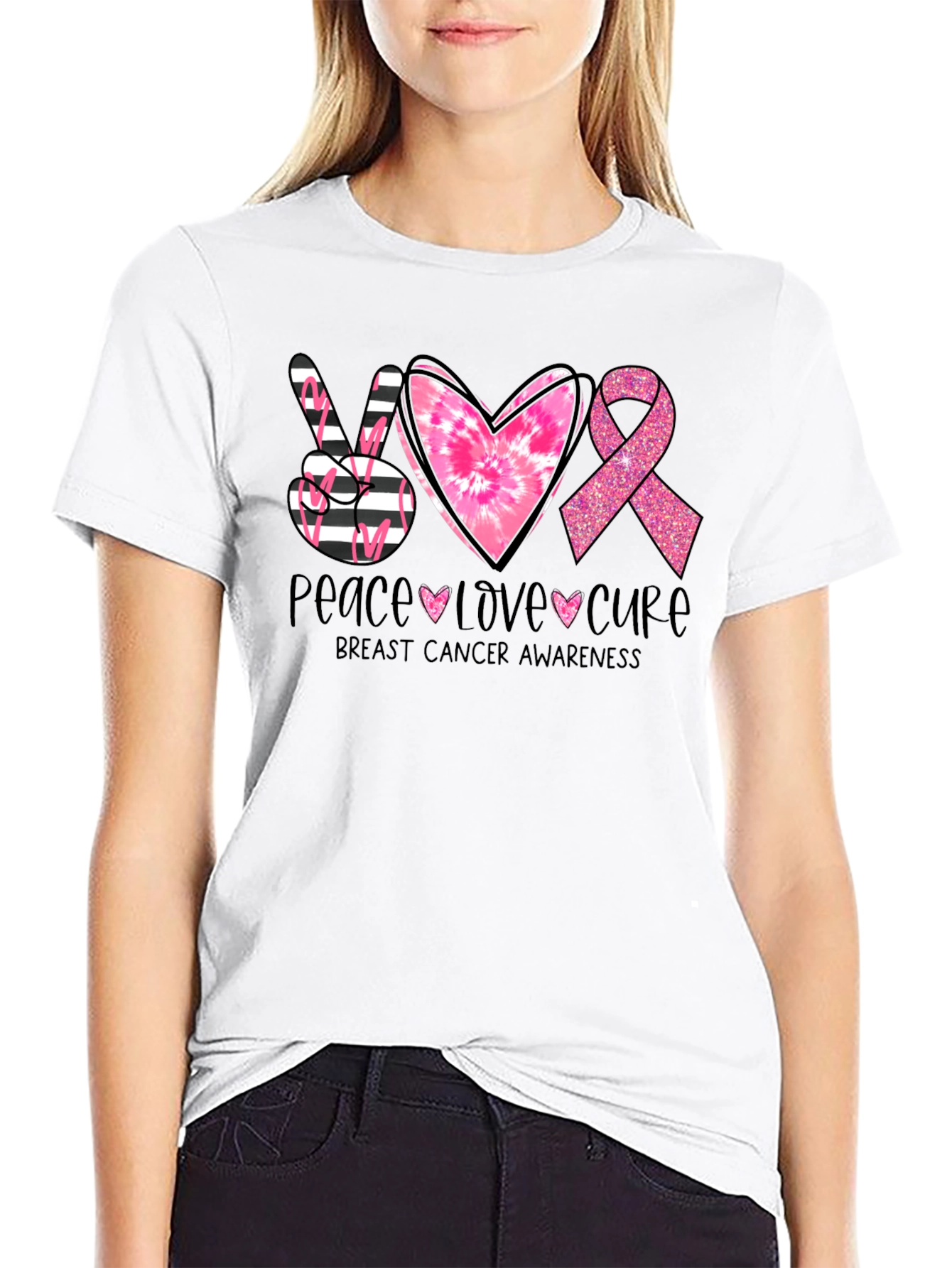 Peace Love Cure Breast Cancer Awareness T-Shirt - 9