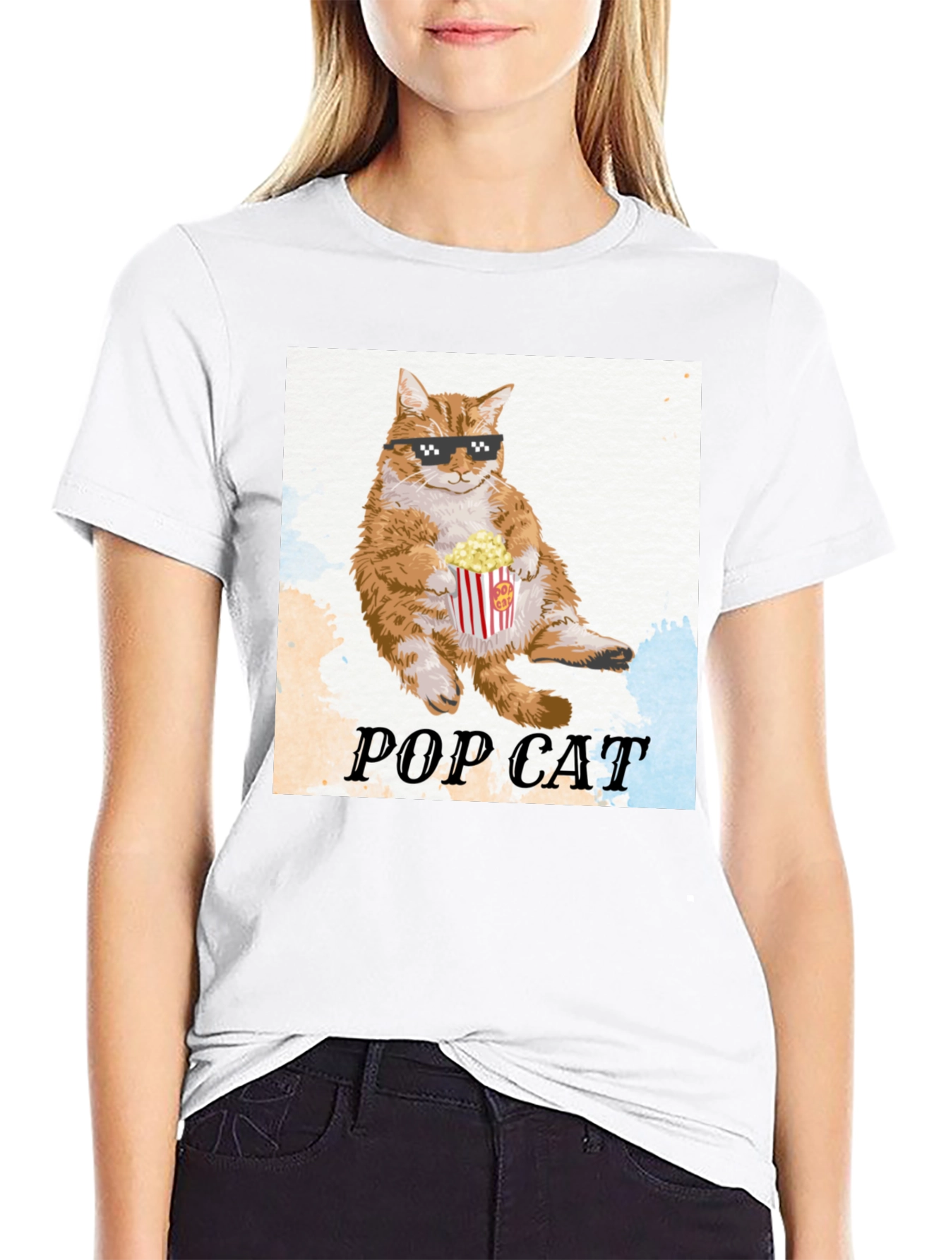 Black Pop Cat T-Shirt: Cool Cat with Popcorn view 9
