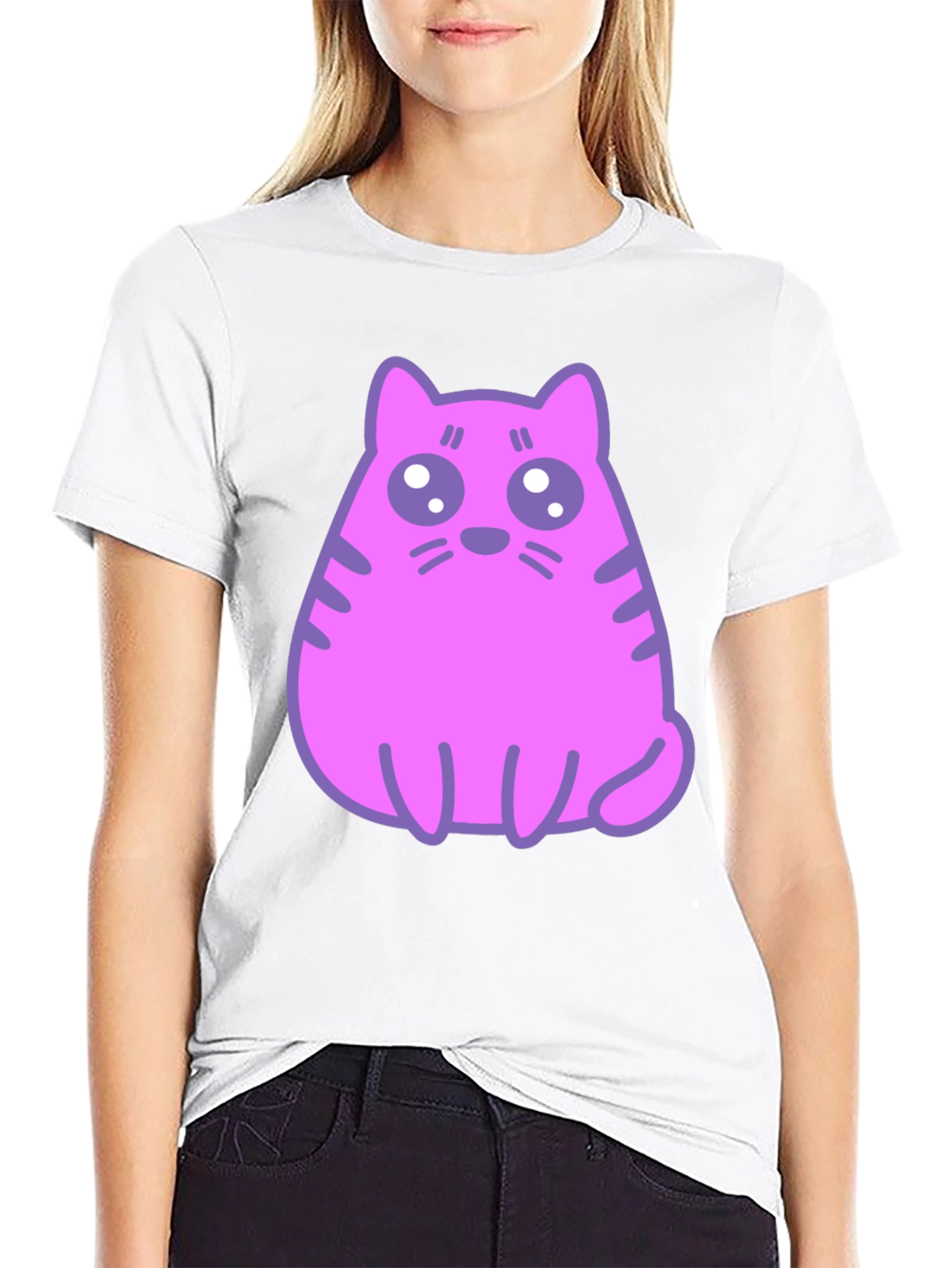Black Cute Pink Cat Graphic T-Shirt - Black Cotton Blend Tee view 9
