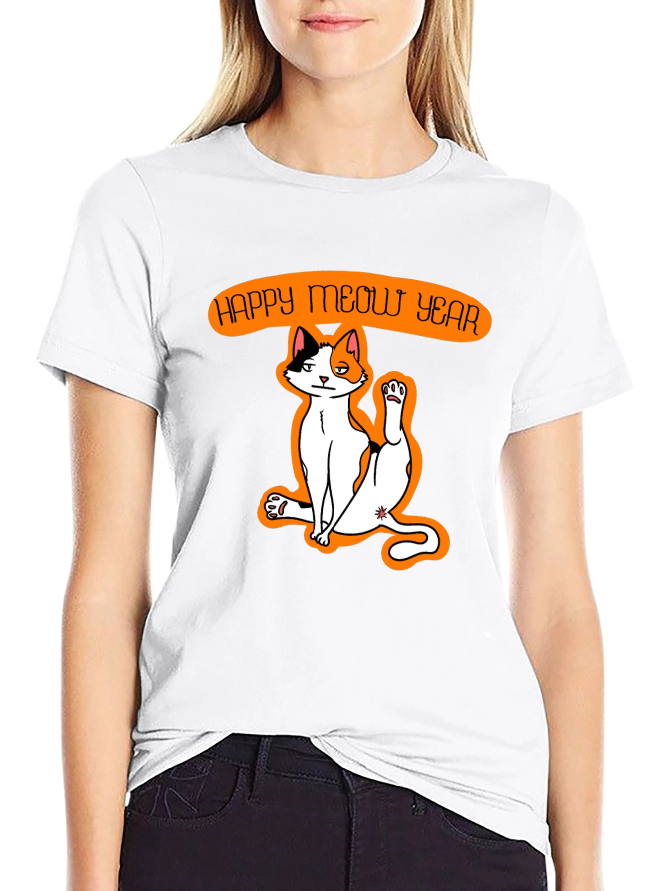 Black Happy Meow Year T-Shirt - Festive Cat Graphic Tee view 9