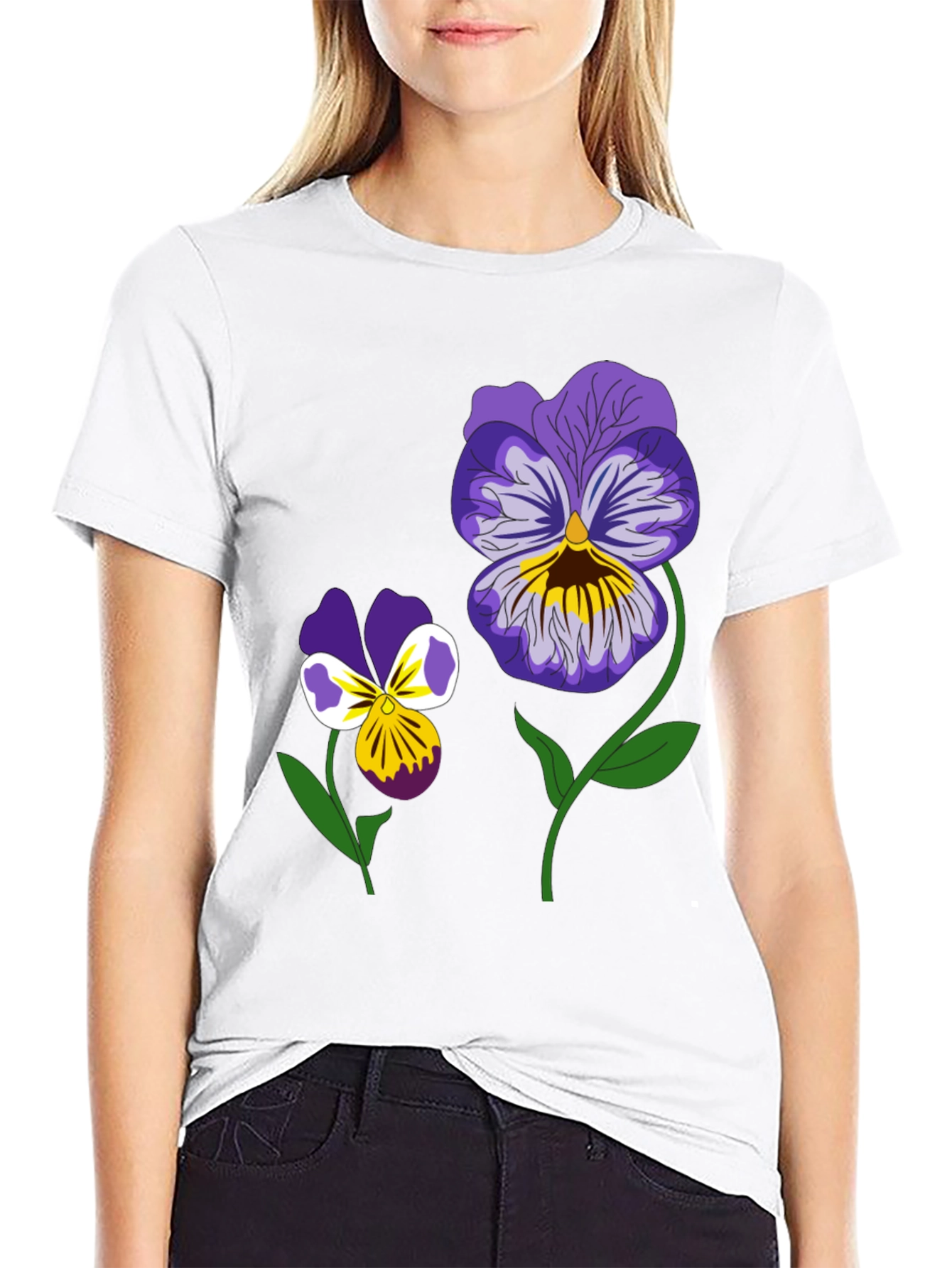 Black Floral Graphic T-Shirt - Pansy Design Black Tee view 9