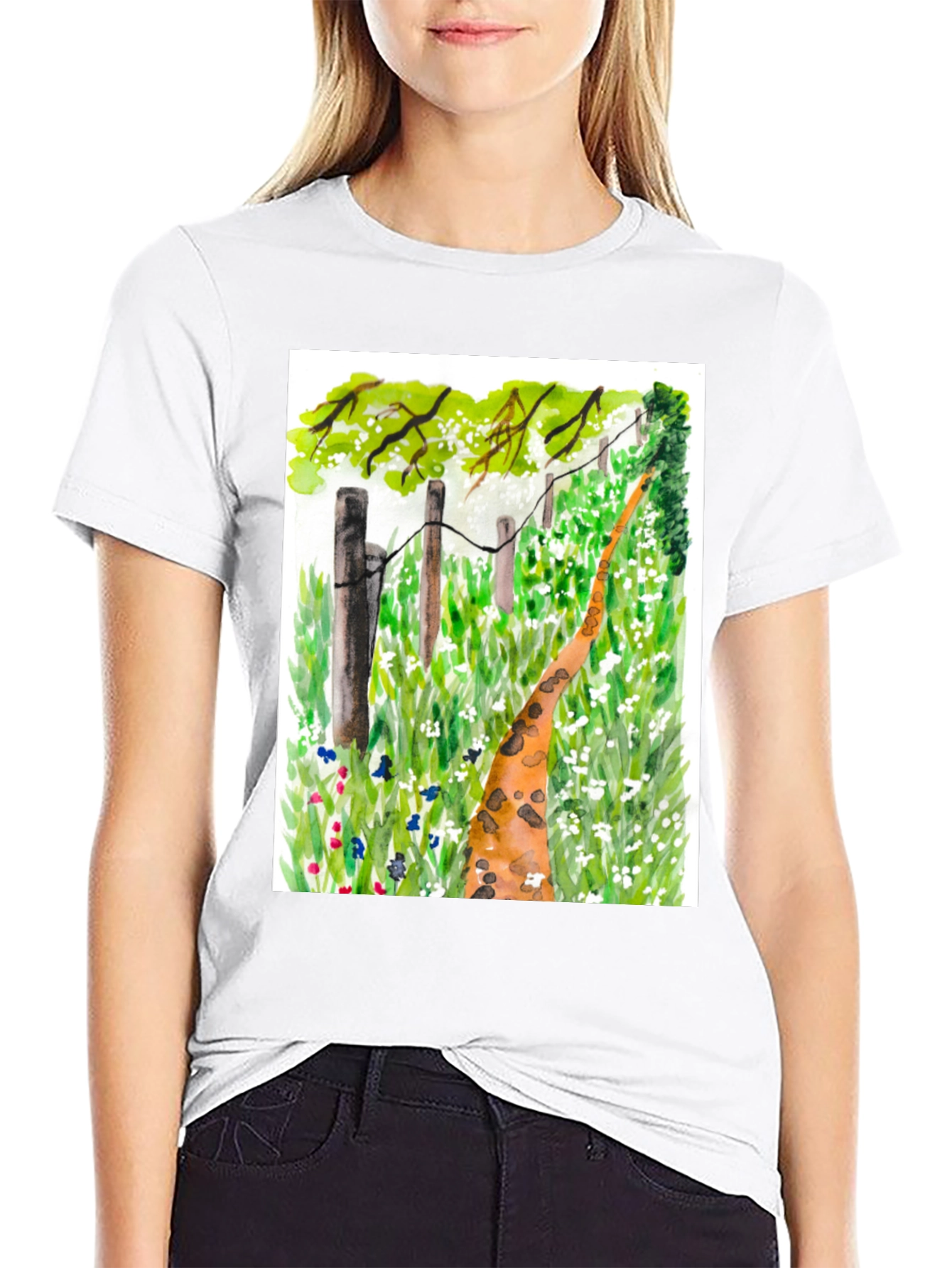 Black Watercolor Meadow Path Black T-Shirt view 9