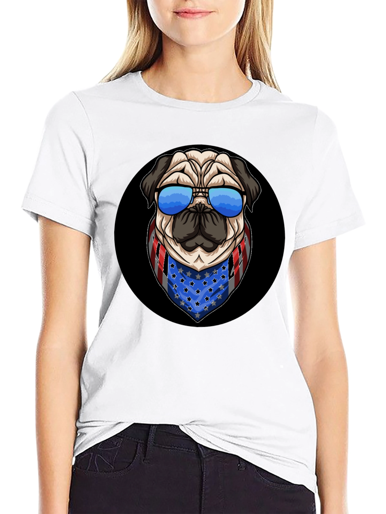 Black Patriotic Pug T-Shirt: USA Flag Bandana & Shades view 9