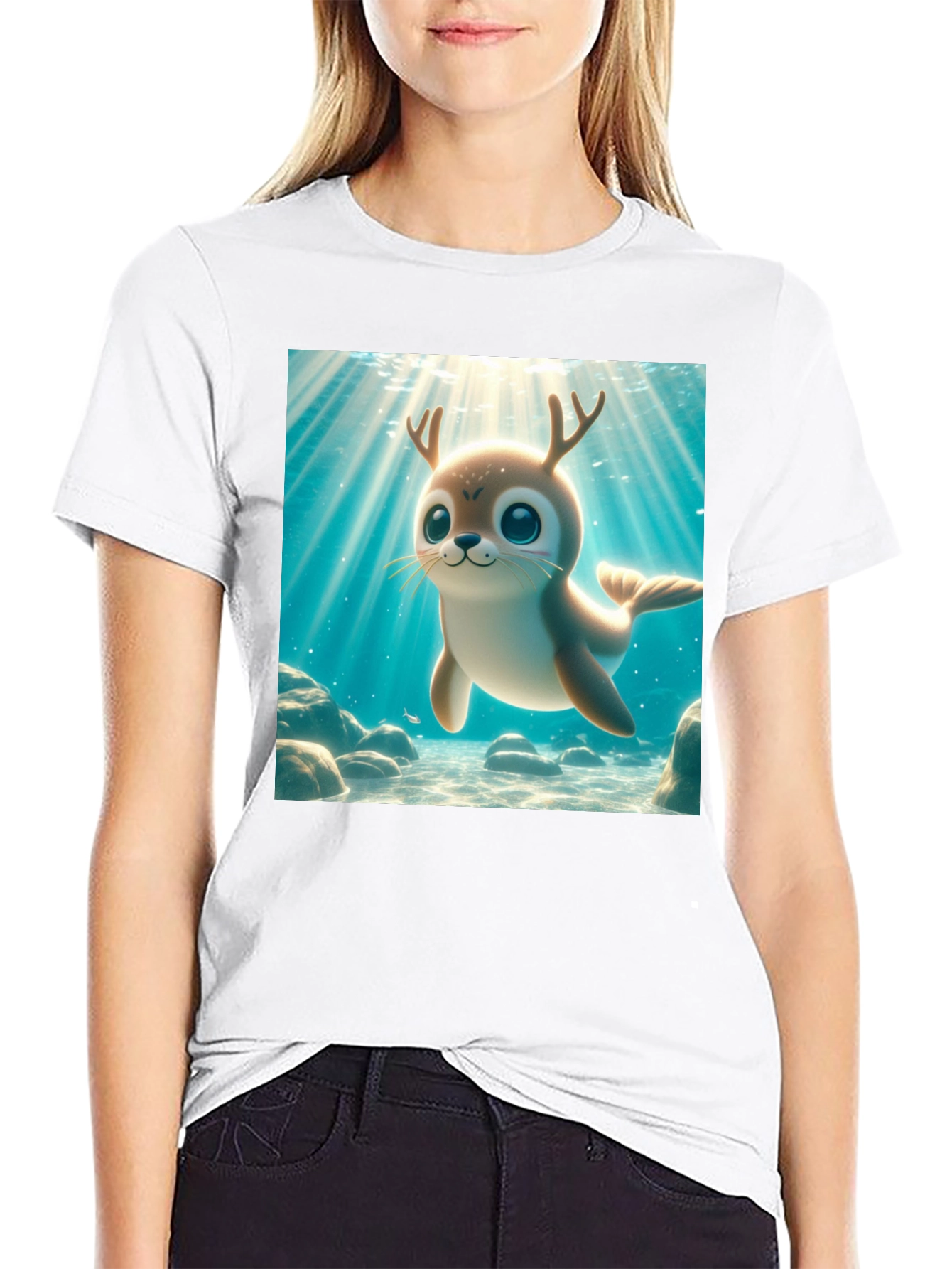 Black Cute Antlered Seal T-Shirt view 9