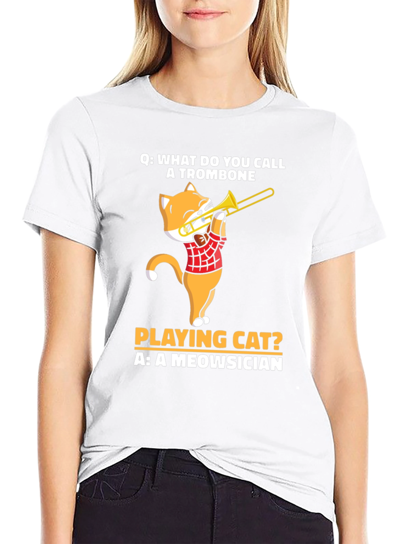 Black Meowsician Trombone Cat T-Shirt view 9