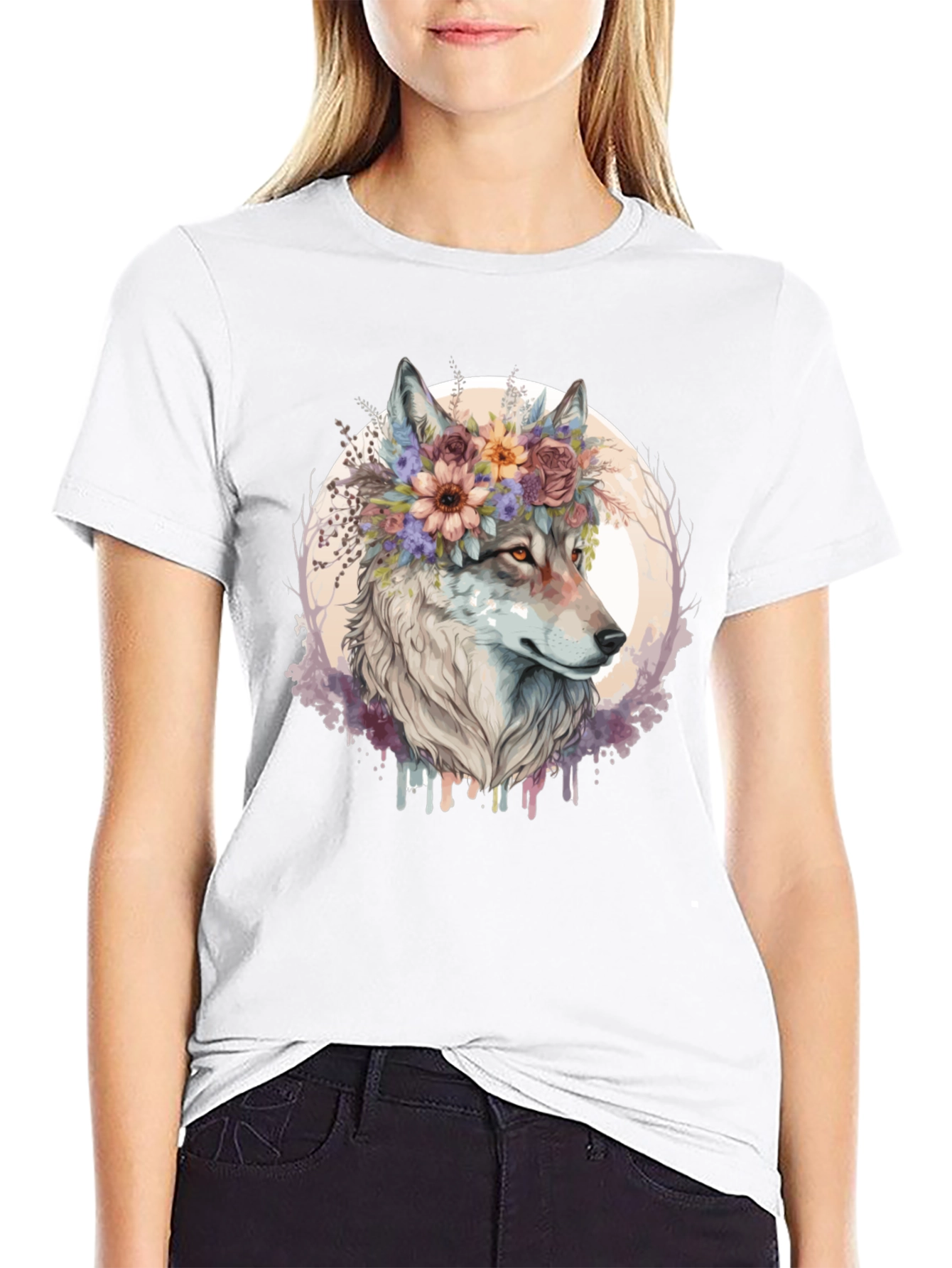 Black Wolf Flower Crown Graphic Tee - Unisex Black T-Shirt view 9
